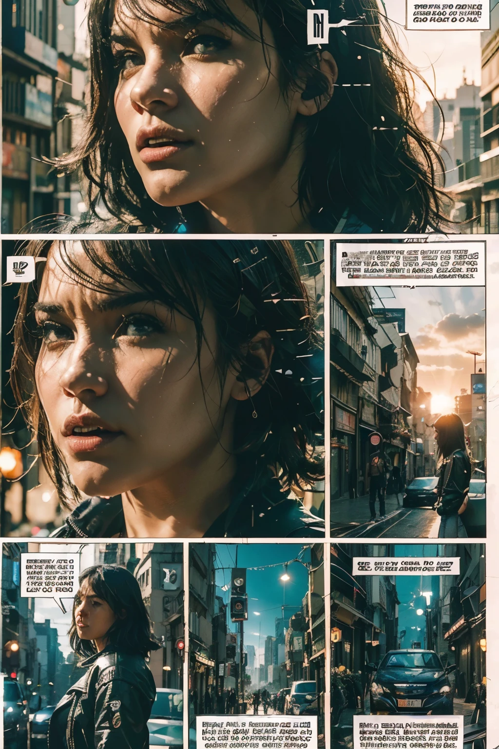 Let's imagine the first page of our cyberpunk comic, donde establecemos el tono y presentamos a la protagonista. Here I propose a page structure with dialogues in Spanish:
Vignette 1: A futuristic skyline with the sunrise reflecting on high-tech buildings.
Narrador: "Amanece en Neo-Terranova, la ciudad que nunca duerme, where humanity and technology intertwine in an eternal embrace..."
Vignette 2: Un primer plano de los ojos de la protagonista, mirando por la ventana de un rascacielos.
Protagonista (pensamiento): "Another day in this steel maze. How much is left of the girl who dreamed of stars, now that the circuits dictate my dreams?"
Vignette 3: The protagonist prepares for the day, putting on a jacket with technological details.
Protagonista (pensamiento): "Se dicen libres aquellos que ignoran las cadenas. Yo, en cambio, I know mine: nanofibers that tied me to decisions I never made."
Vignette 4: La protagonista sale a la calle, donde gente y robots coexisten.
Protagonista (pensamiento): "Este es mi mundo, a symphony of silicon and soul, where every step is a chord in the music of tomorrow."
Vignette 5: La protagonista se sube a su motocicleta, ready to face the day.
Protagonista (pensamiento): "You can call me 'sevolution', pero yo solo me veo como alguien en busca de respuestas. Hoy, gal, I will find them..."
This first page immerses the reader in the cyberpunk environment and presents the protagonist as a woman aware of her hybrid nature and reflective about her place in the world.. The dialogues are designed to give insight into your inner thoughts and how you perceive your surroundings..