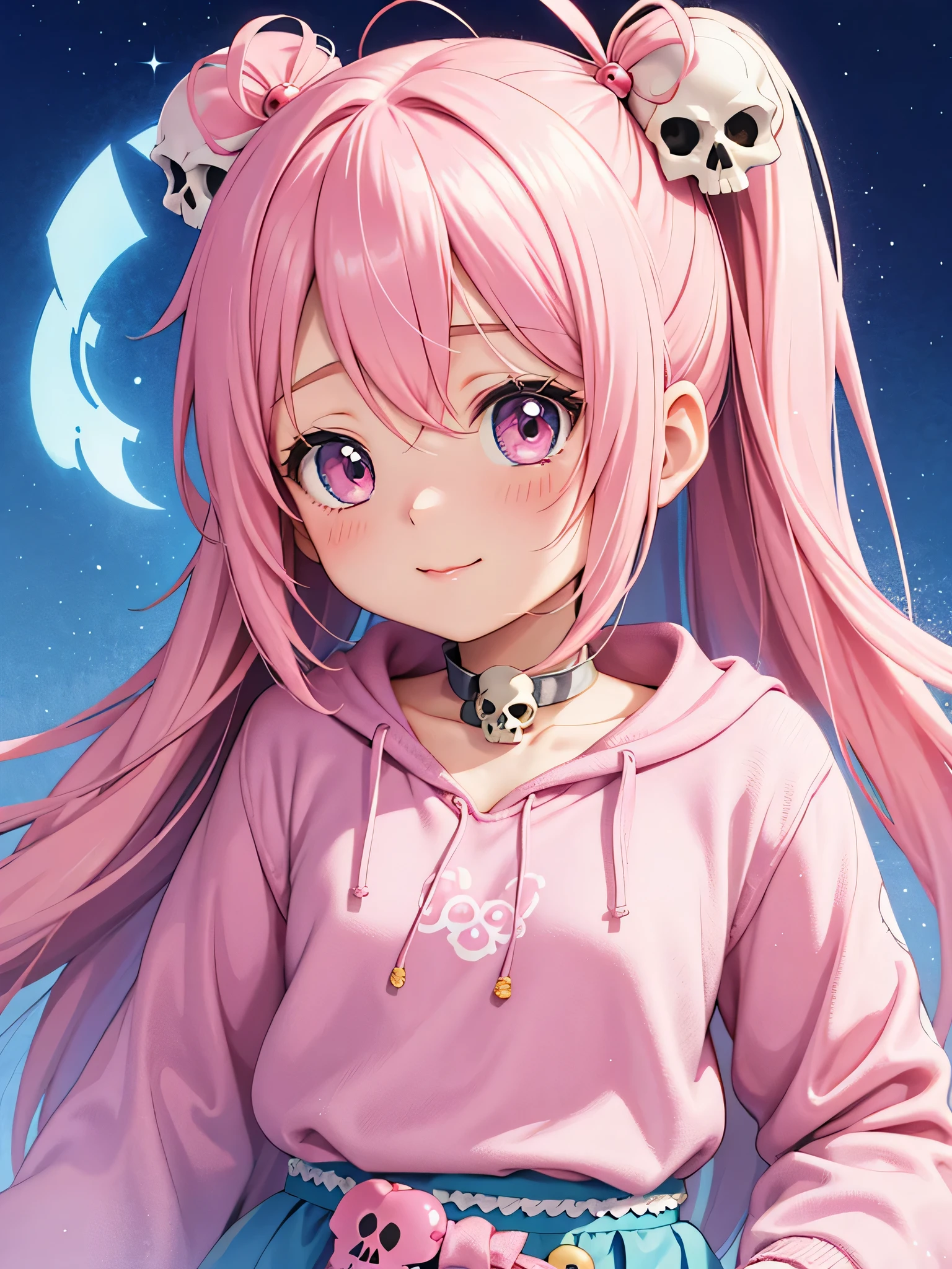 Anime girl with pink hair holds a pink phone in front of her face, Decora style illustration, cute cute girl, cute realistic portrait, pretty art style, anime atmosphere, Kawaii Anime Manga Style, cute anime girl, cute aesthetics, anime art wallpaper 8k, anime art wallpaper 4k, anime art wallpaper 4k, pink, anime aesthetics、(((skull fashion)))