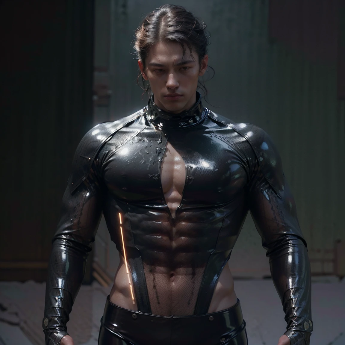 American man, （mtu）((black latex bodysuit, )) ，（(full body photo shot,)) The upper part of the body, (chest muscle，Handsome,), (((Super detailed information, Ultra photo realsisim))),