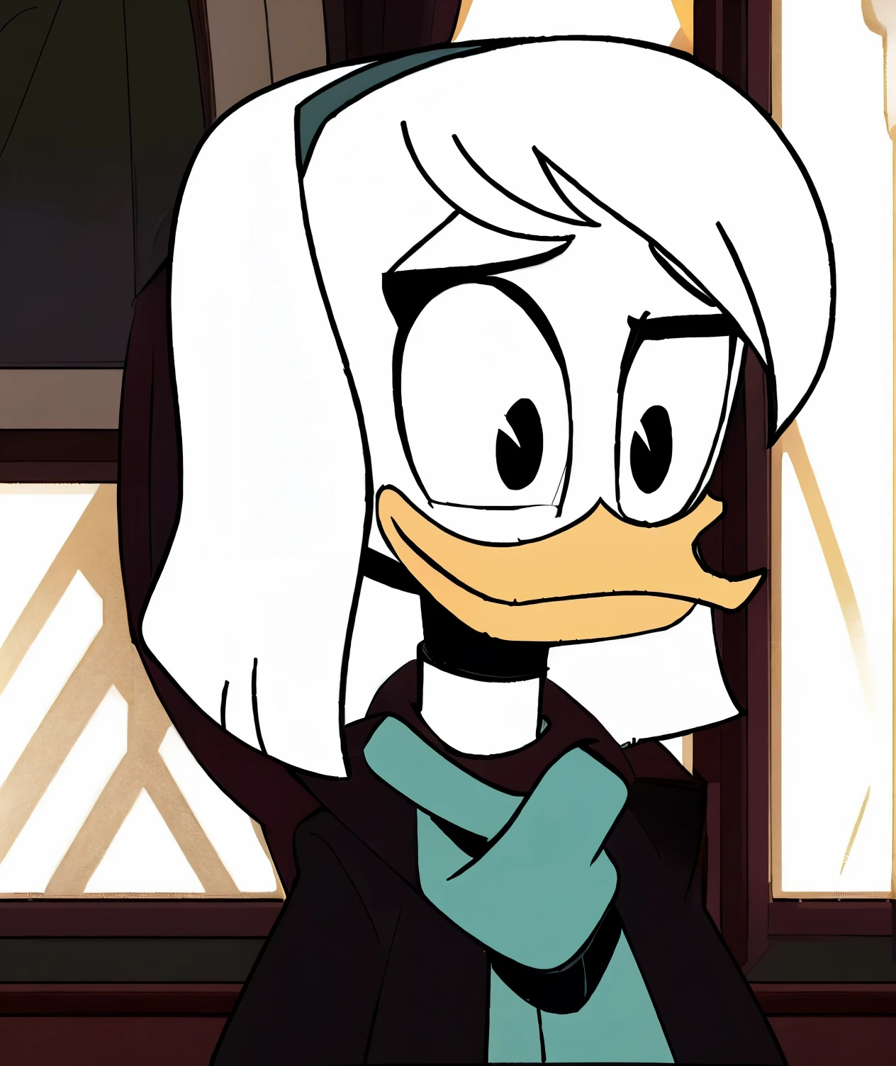 (by ducktales)  (by kyurisawa:1.2) (by chelodoy:1) (by ashraely:1) (anthro duck) (white hands:1.1) (headshot portrait:1.1) (della duck:1.2) (beak) (long white hair) (black eyes) (happy) (clothed, clothing:1.3) (teal scarf) (brown_flight_jacket) (collar) (white skin:1.2) (solo:1.1) (mansion, window) ( morning:1.3)