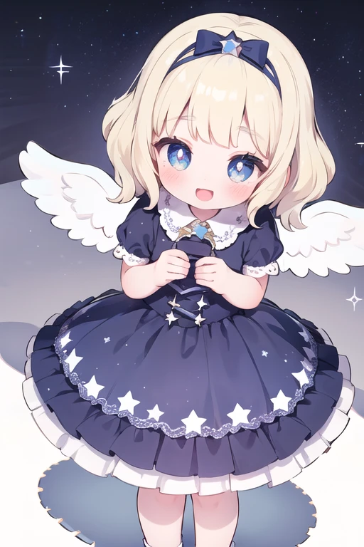 1 girl,Princess, (bright blonde hair), light blue eyes, short bob , shiny hair, wavy hair, blush all over the face,:d,heart-shaped pupil, ,Sparkling in the eye, head ribbon ,star ribbon , ruffle dress,long skirt,Sparkling,adorable,Angelic,Idol (((item: star), Shadow:1.5