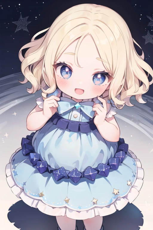 1 girl,Princess, (bright blonde hair), light blue eyes, short bob , shiny hair, wavy hair, blush all over the face,:d,heart-shaped pupil,baby face ,Sparkling in the eye, head ribbon ,star ribbon , ruffle dress,long skirt,Sparkling,adorable,Angelic,Idol (((item: star), Shadow:1.5