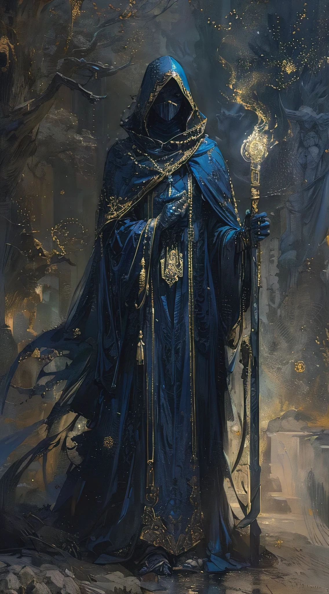 (best quality, masterpiece:1.2), Numenera character concept art of a gothic figure in blue robes with gold accents, wielding staff imbued with magic mist, fingerprint pattern mask, grim dark fantasy, in the style of Halcyon450