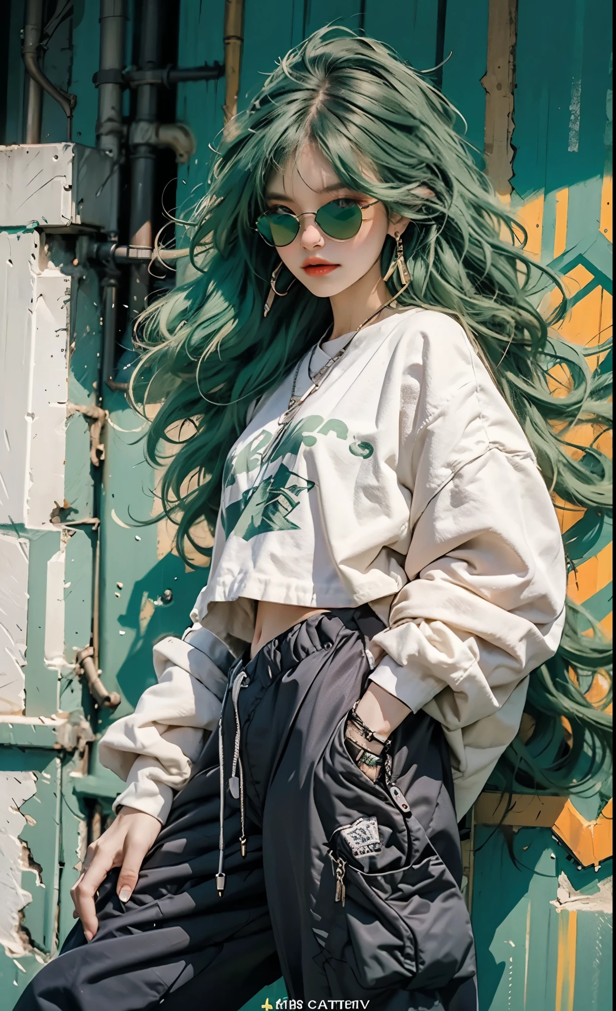 Kizi, Sexy, Handsome movements，Sideways photo，Colorful color scheme，(green hair)sunglasses, long pants, long eye bongs, cool spray graffiti creative background, genz millenial soft faceTrendy clothing，Columnar patch background，green tomboy ish messy hai, rGeometric pattern stitching background，

