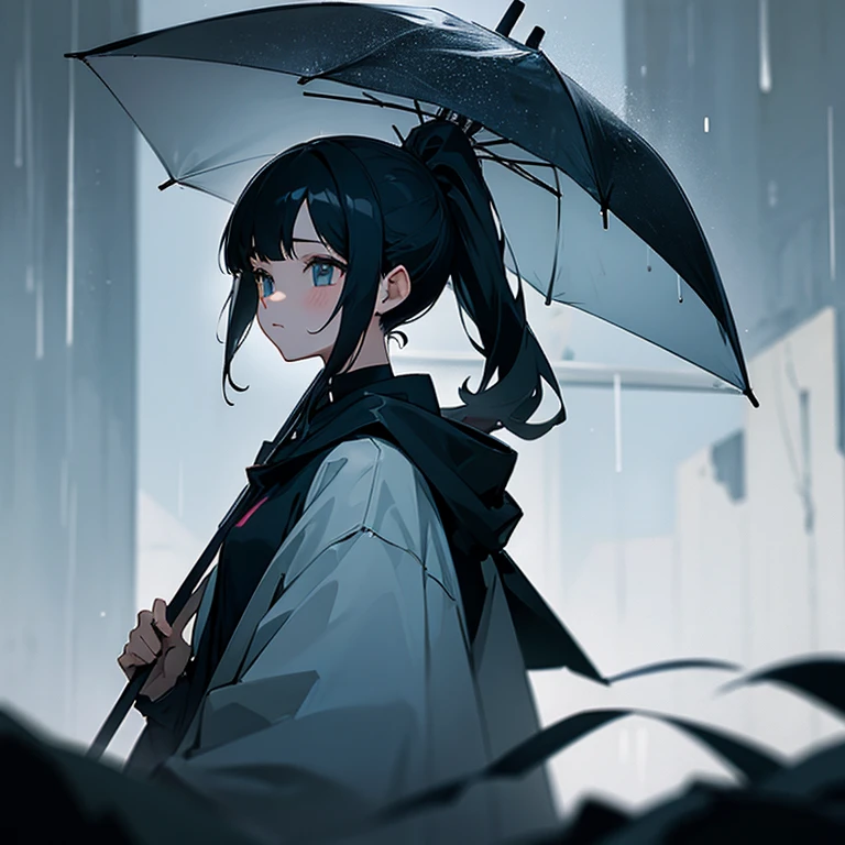 black hair、girl、ponytail、rain、hoodie、umbrella、Remains