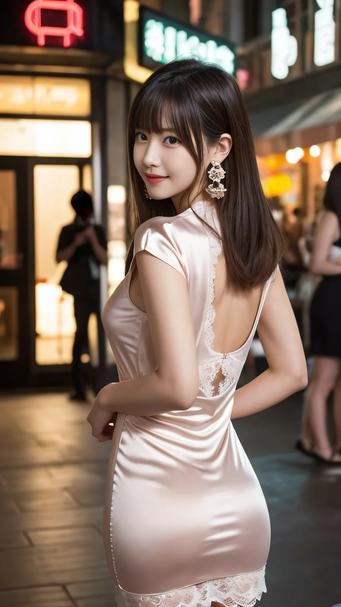 8K highest quality, table top, 写真のようにrealistic, super detailed, 超A high resolution, born:1.3),1 female, beautiful japanese actress, 25 years old), double iridescence),mile), detailed face, wearing large ring earrings,赤いアイシャドウin派手なメイク,light brown delicate middle cut hair,The tips of the hair are wavy,elegant hairstyle,fine eyes,Actress with slender figure,, hips become smaller, side boob barbosa),butt crack, naked waist, bare back:1.3),sexy silk embroidered mermaid dress:1.2),from behind), look up_in_viewer, break long black hair, BREAK ceremony, red carpet, a large crowd gathers:1.5),after that, table top, born写真, highest quality, realistic, Highly detailed CG Unity 8K wallpaper, Depth of the bounds written, cinematic light, Lens flare, ray tracing,very beautiful face, beautiful lips, beautiful eyes), face with intricate details,(super detailed肌)) 1 girl, 暗闇in, deep shadow, cute korean girl, 赤いアイシャドウin派手なメイク,her shortcut, 繊細なライトブラウンの髪はサイドウェーブinわずかに乱れています.,wearing large ring earrings,K-POPアイドル, 1 girl,very slim and slender fit muscular body:1.3),(looking at the viewer))Big smile:1.3), sleeve fashion city night, accuracy of hands,dark night,neon sign),blurred background), fashion street night)no people in the background:1.3), beautiful earrings, bracelet, necklace, pantyhose, clear eyes, walk,pale skin),big eye ace forward,(upper body shot)),(super mini color silk dress:1.3))brown hair)(tight fit lace dress)),See through), open chest, very slim, medium breasts, go back(buckshot)), See through, Middle butt, Ultra Super Mini Skirt, up hair,(spread the thighs)), Pose with the butt sticking out a little),taken from below:1.4
