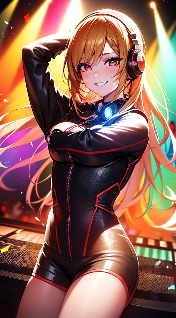 A solo shot featuring MalonYoung a DJ, showcasing her skills on the turntables at a vibrant rave.