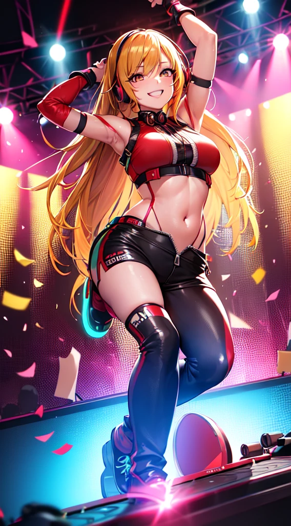 anime girl,short mini red  jumpsuit, unzip to belly, headphones,DJ turntable set,club lighting,stage,confetti,dancing,smiling,(best quality:1.2),(ultra-detailed:1.2),(realistic:1.37),HDR,vivid colors,portraits,shorts,headphone girl,energetic pose,colorful lights,stage set,confetti raining,joyful expression,dance floor ,anime style, atmosphere,techno music,electronic dance music,festival vibes,hip hop beats,festival outfit,energetic dance moves,expressive eyes,long braided hairstyle with vibrant blonde color, brown eyes, elaborate makeup neon lights,beaming smile,positive vibes,high-energy performance,stylized backgrounds,colorful visuals,excitement in the air, arms behind head