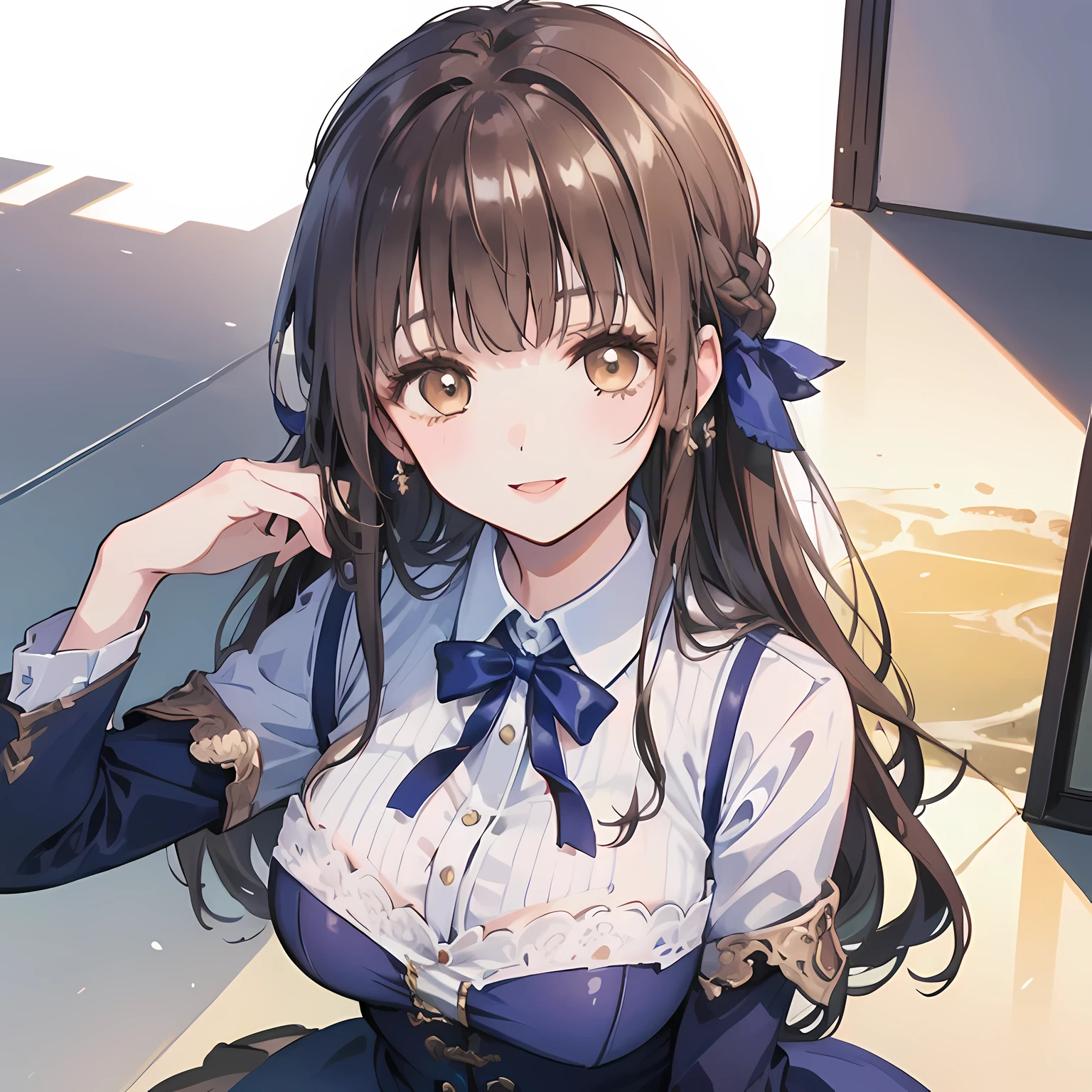 highest quality, (masterpiece:1.2), High resolution, perfect pixel, One so beautiful straight haired princess, 16 years old, (((big very detailed beautiful dark brown eyes))), ((Luxurious party dress for princesses with lots of rococo frills)), ((Very big and cute hair ribbon)), ((((very beautiful long straight straight hair)))), half up, ((Face facing up)), ((Smiling and talking to the audience)), Very fun, Very happy, mouth is open, the skirt is so cute, detailed fingers, modest chest, ((curled bangs)), ((Lip balm)), so beautiful, long eyelashes, ((dress is photo realistic)), (((Touching your hair with your hands))), ((Showing viewers the beauty of straight hair)), ((very big girly hair ribbons)), ((Impressive and very beautiful eyes)), (((shot from above))), double eyelids,