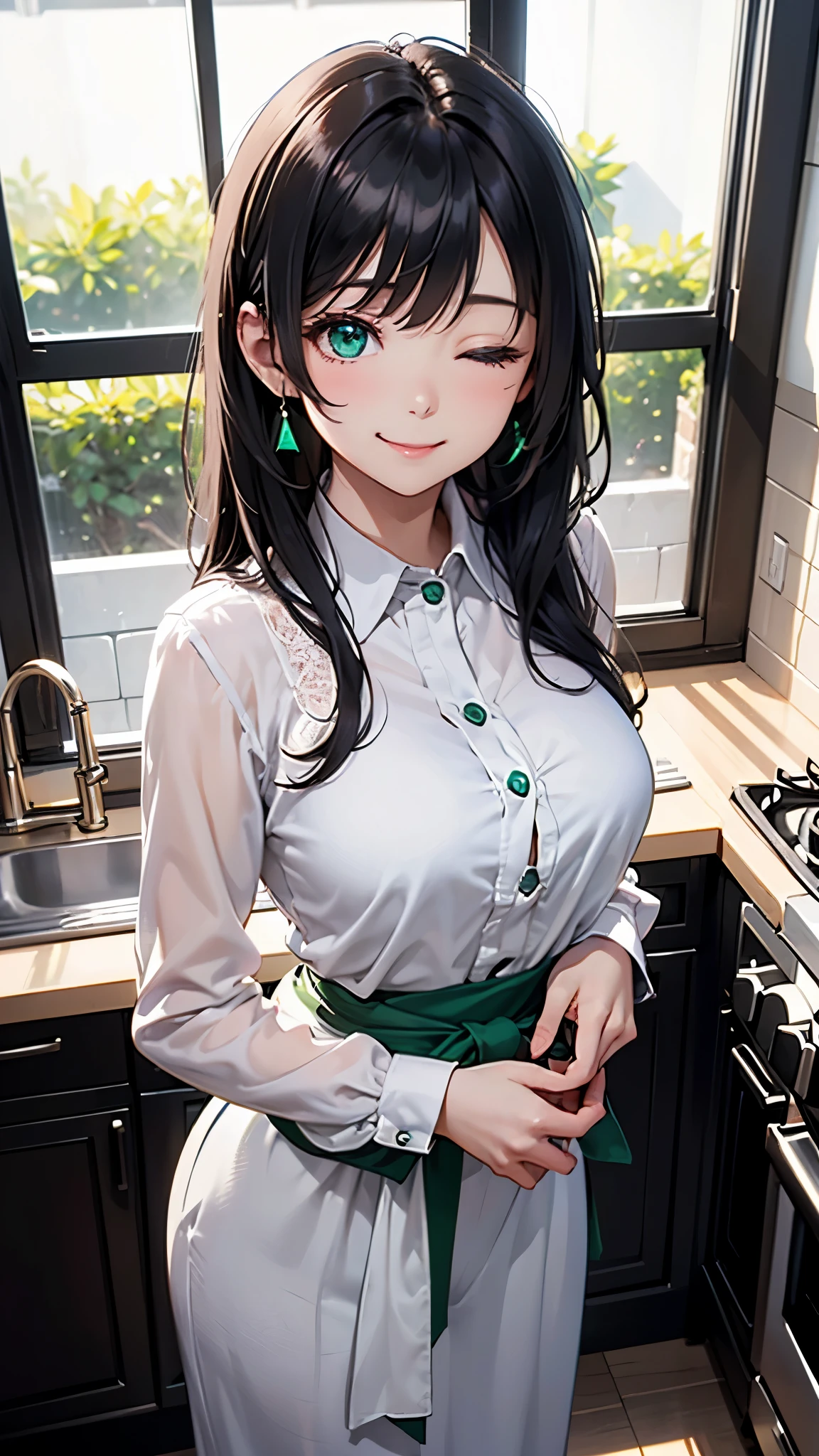 highest quality、masterpiece、8K、1 female、20-year-old、black hair、Wavy Long Hair、bangs、(cute woman)、smiling、emerald green eyes、one eye closed、kitchen、(white blouse)、sparkling eyes、big bust、((from waist to head))、(Are standing)、(focus on face)、(transparent)、(pure)、aerial perspective、