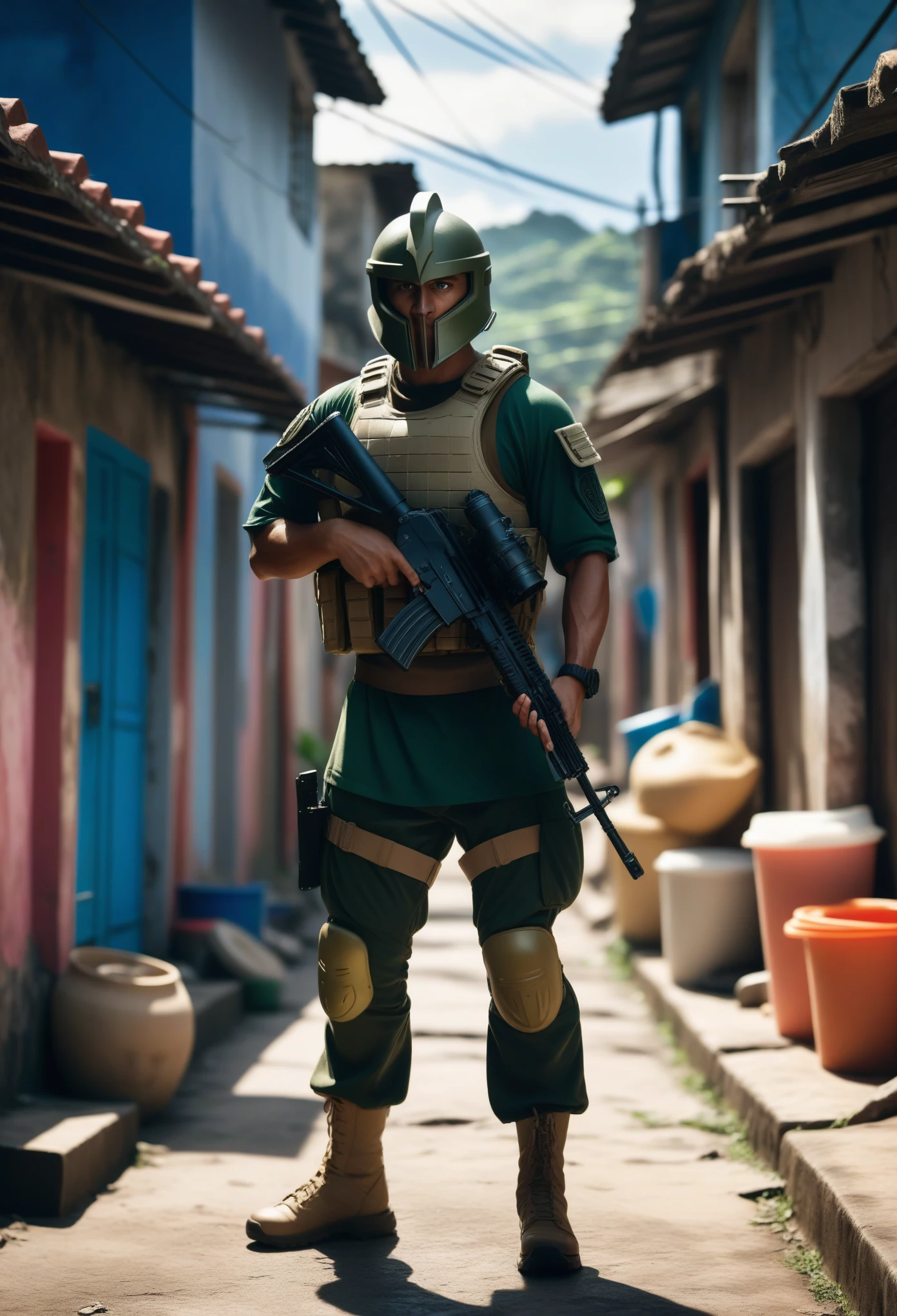 a spartan solDier invaDing a brazilian Favela, lifelike, taken using the Canon EOS R camera with a 50mm F/1.8 shots, F/2.2 aperture, shutter speeD 1/Over 200 years old, ISO 100 anD natural light, Full BoDy, hyperrealistic photography, Movie, Movie, HyperDetail, ultra high definition, Color proofing, hDr, color graDing, Hyper-realistic CG animation--air 4:5 --upbeta --q 2 --v 5, D