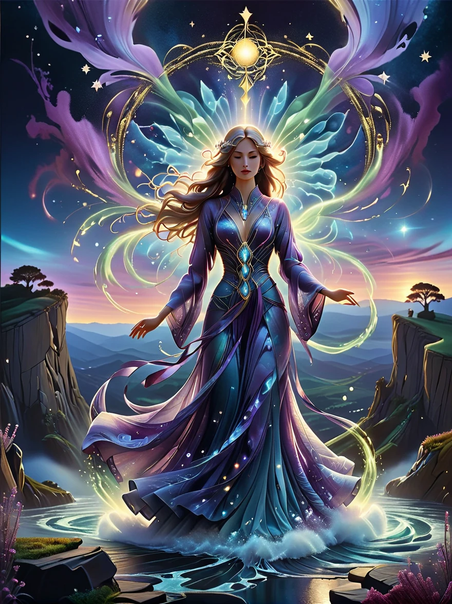 (tarot card:1.5，Rotational symmetry，center），A figure stands on a cliff, enveloped in swirling streams of cosmic energy, amidst a dreamy, nebulous landscape. The silhouette of the person is wrapped in a flowing, ethereal gown that merges with the celestial currents. The sky is a tapestry of deep purples and blues, sprinkled with stars, and the landscape below is hinted at with soft, rolling mountains. The scene is one of tranquility and the sublime, capturing the majestic essence of the cosmos with a single, contemplative figure standing in awe，(Very detailed，Reasonable design，clear lines，High definition，best quality，masterpiece，8K)