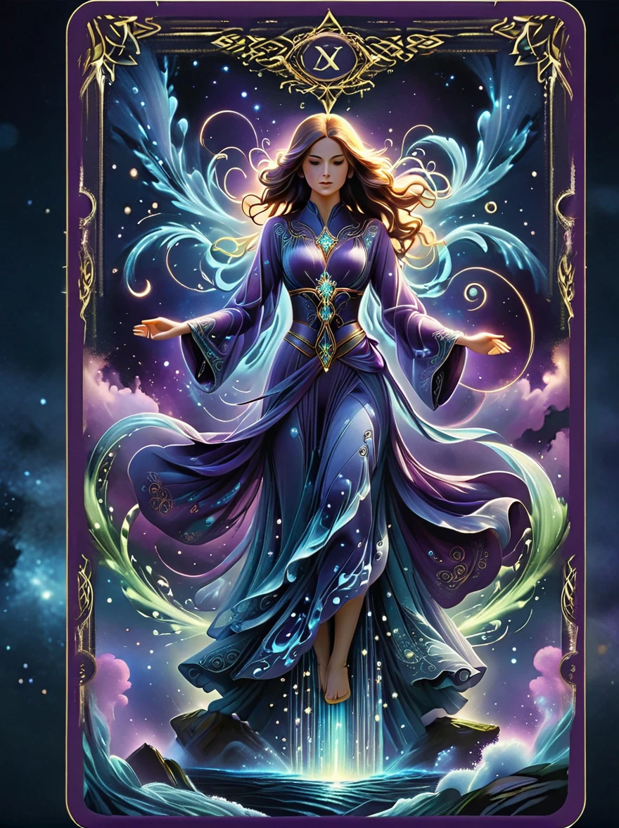 (tarot card:1.5，Rotational symmetry，center），A figure stands on a cliff, enveloped in swirling streams of cosmic energy, amidst a dreamy, nebulous landscape. The silhouette of the person is wrapped in a flowing, ethereal gown that merges with the celestial currents. The sky is a tapestry of deep purples and blues, sprinkled with stars, and the landscape below is hinted at with soft, rolling mountains. The scene is one of tranquility and the sublime, capturing the majestic essence of the cosmos with a single, contemplative figure standing in awe，(Very detailed，Reasonable design，clear lines，High definition，best quality，masterpiece，8K)