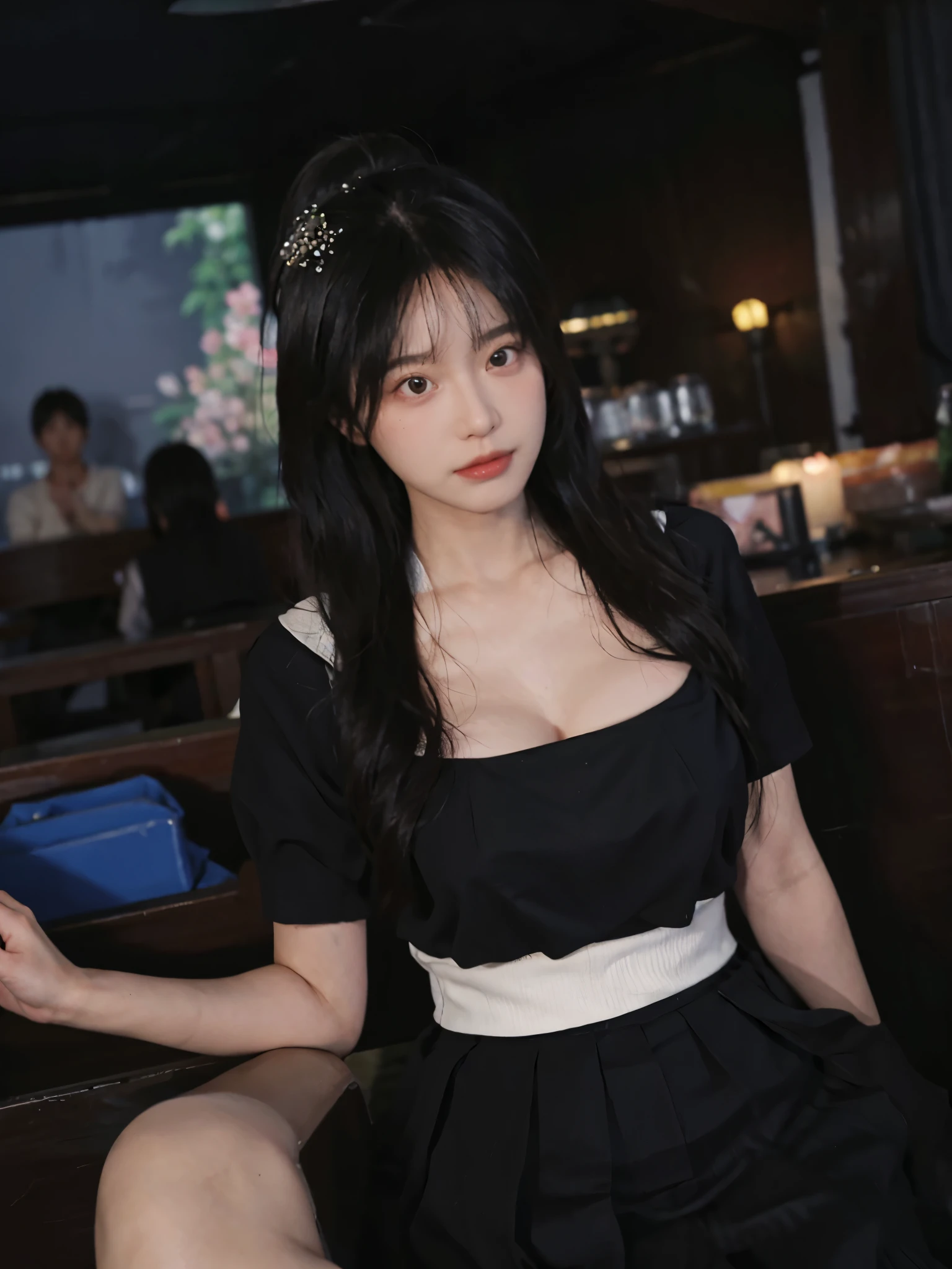 best quality, ultra high resolution, (realistically:1.4), a girl, A pair of clear and charming peach blossom eyes,Royal sister,black long straight,tight skirt, (Big cleavage:1.2), looking at the audience, Close-up cleavage ,