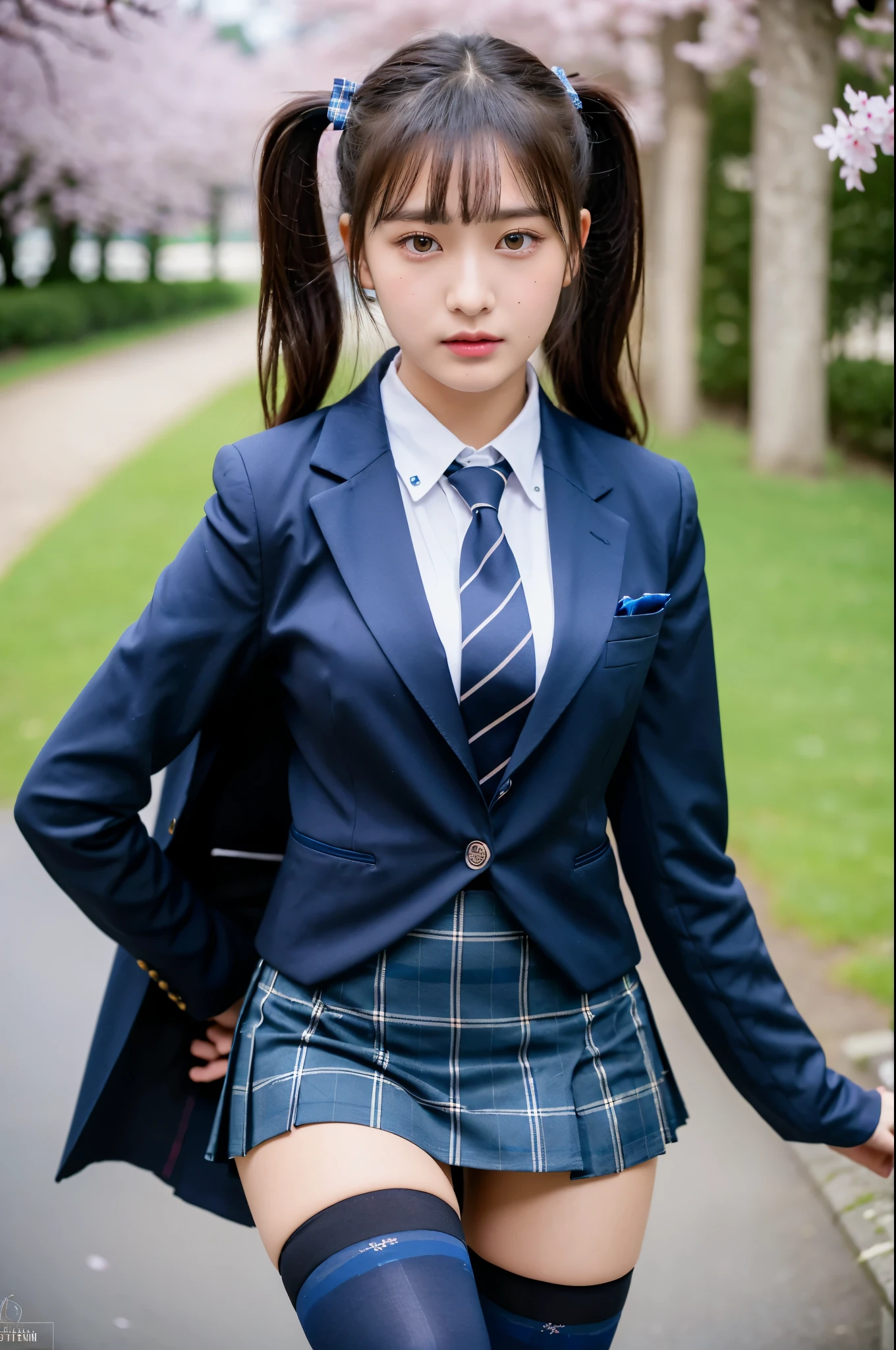 (8K), (highest quality: 1.2), (realistic), (realistic: 1.37), ultra high resolution, 2 girls, cute, angry face, closed mouth, beautiful details, beautiful nose,beautiful hair,ponytail,thighs,college uniform,simple dark blue satin blazer,satin white blouse,A bow tie,pleated skirt,School,Cherry blossom trees in full bloom,(The pattern of the skirt and tie is a dark blue tartan check pattern.:1.3),(The check pattern on the skirt is a little finer.:1.2),(Opaque black thigh-high socks:1.4) ,Close up on thighs,avert your eyes,