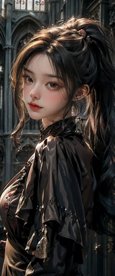 masterpiece, highest quality, High resolution, realistic, High resolution, Raw photo, ((The largest Gothic building in Italy, milan cathedral))、((1 girl, young woman in red gothic dress, detailed face and eyes, beautiful face, ponytail, shiny skin, realistic skin texture, long sleeve, big breasts, big ass)), (Gothic fashion is dark, Mysterious, And exotic).