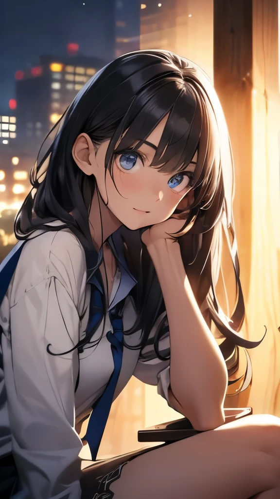 (Super detailed、High resolution、highest quality:1.2)、highly detailed eyes and face、long eyelashes、beautiful detailed eyes、beautiful detailed lips、Sexy attitude、Smile fiercely、amazingly beautiful teen、gorgeous black hair:1.1、long hair:1.1、attractive 18 year old girl、high school student、At home at night、expression of joy、Bright colors、enchanting lighting、sitting near a telephone pole