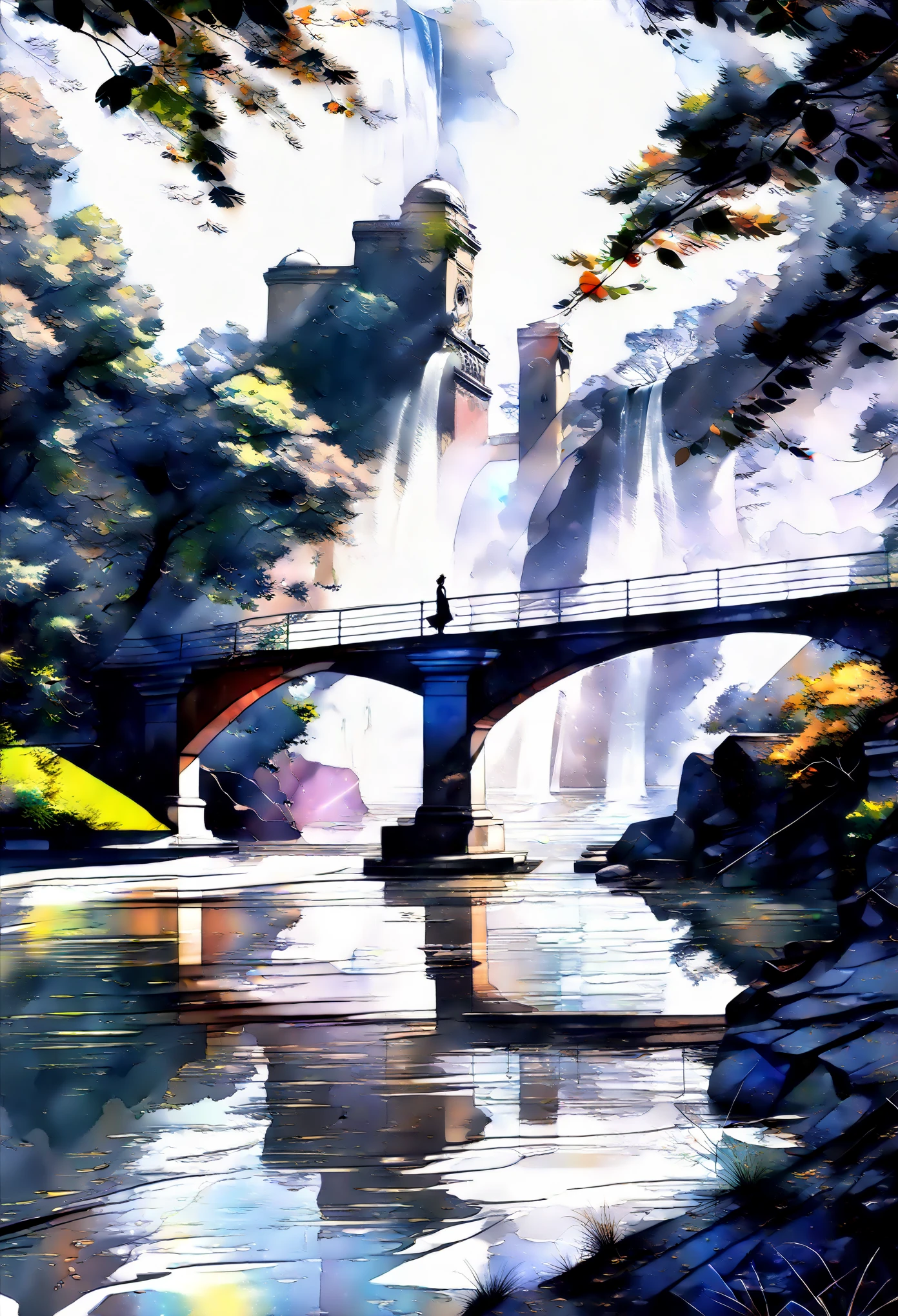 (watercolor style, The art of spectroscopy) + The majestic river overlooks the panorama + Back of garment (vista) + (flow + subtle reflection) + (mix + splash) + (The light and shadow are clear + rocking dynamics)