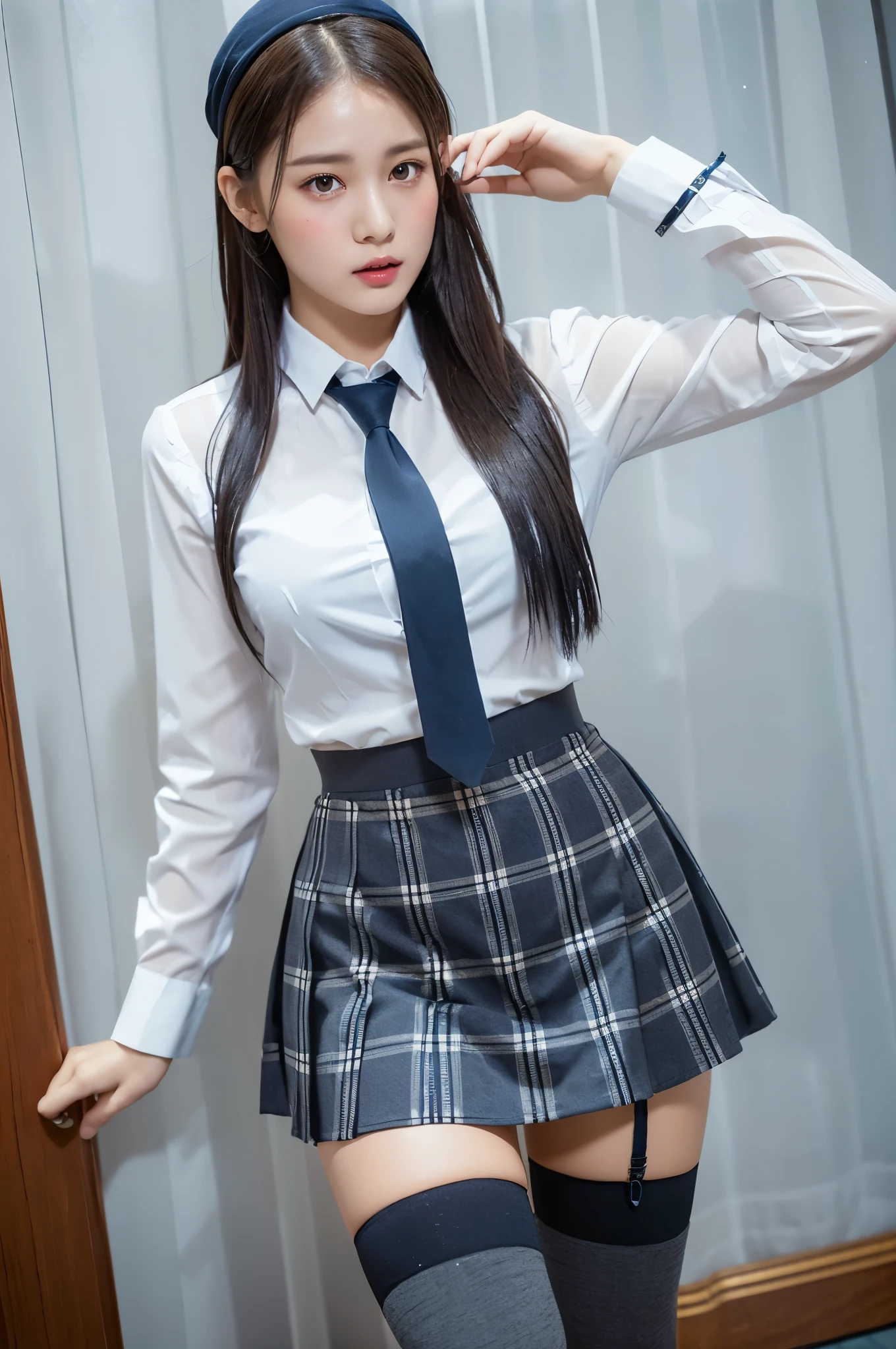(8K),(highest quality: 1.2), (realistic), (realistic: 1.37), ultra high resolution, 1 girl, cute, angry face, closed mouth, beautiful details, beautiful nose,beautiful hair,ponytail,Wet and shiny thighs,,Large plain white shirt,Thigh-length pleated skirt(The pattern of the skirt and tie is a tartan check pattern using navy blue and gray..:1.3),(The plaid pattern on the skirt is a little small..:1.2),(opaque black thigh high socks:1.3) ,look away,(medium shot:1.2)