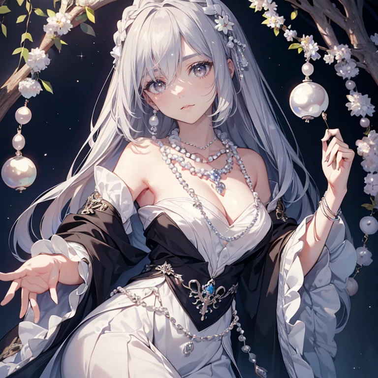 highest quality)), ((masterpiece)), (be familiar with), perfect face, dark room, , gray hair, Accessories with lots of white pearl beads,Gorgeous necklace with white pearl beads,A large accessory with white pearls
