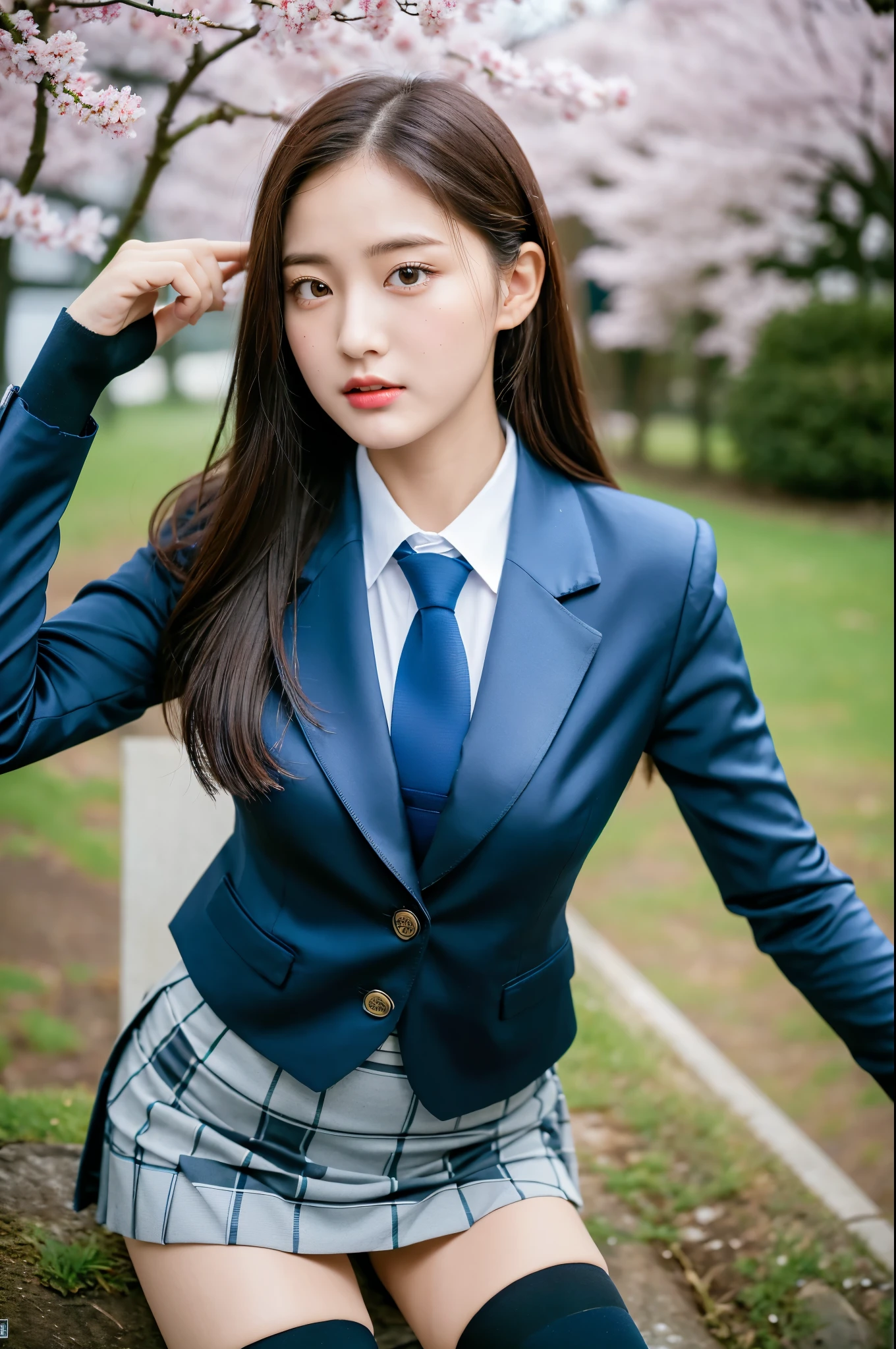 (8K), (highest quality: 1.2), (realistic), (realistic: 1.37), ultra high resolution, 1 girl, cute, angry face, wrinkles between the eyebrows,closed mouth, beautiful details, beautiful nose,beautiful hair,college uniform,simple black blue satin blazer,satin white blouse,pleated skirt,School,Cherry blossom trees in full bloom,(The pattern of the skirt and tie is a tartan check pattern using blue and light blue.:1.3),(The check pattern on the skirt is a little finer.:1.2),(Opaque black thigh-high socks:1.5) ,squat,Landscape,Close-up,raise your legs,soaking wet thighs,avert your eyes,