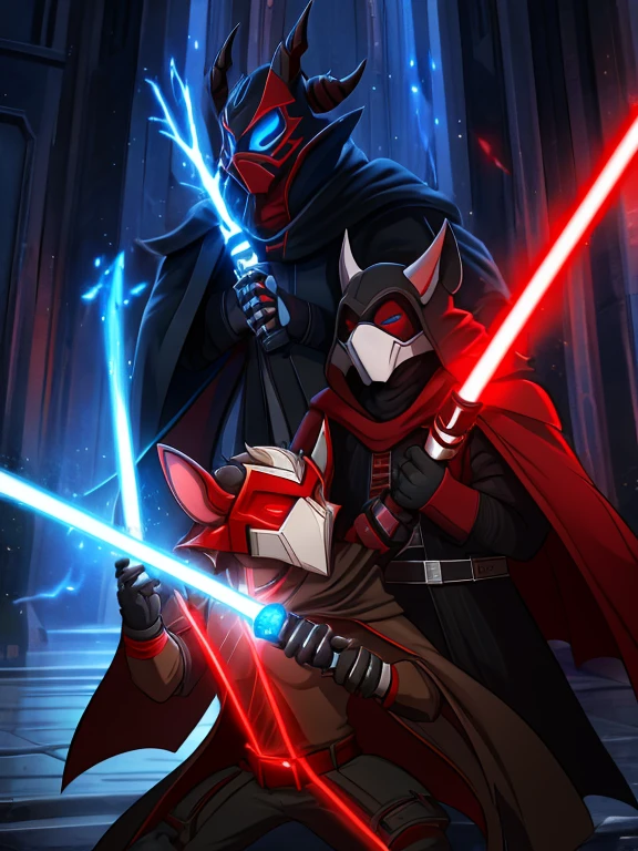 Star Wars Sith model, a man, zabrak race, mask ornamented with white and red, mask eyes closed, 2 red kyber crystals on the mask, small and worn horns, black torn overcoat, 1 red and blue lightsaber in each hand, dark and red and blue aura around the character.(Super Dynamic Lights), masterpiece, detailed lights