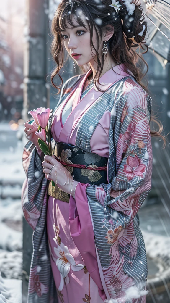 (RAW shooting, Photoreal:1.5, 8K, highest quality, masterpiece, ultra high resolution), ((((heavy snow, Blizzard)))), Highly detailed skin and facial textures:1.3, perfect dynamic composition:1.2, (In front of a shrine at night in a modern city, expression of sadness:1.0, Tears are flowing:1.0, cry with a broken heart:1.0), Slim office lady wet in the rain:1.3, cowboy shot, Fair skin:1.2, sexy beauty:1.1, perfect style:1.2, beautiful and aesthetic:1.1, very beautiful face:1.2, water droplets on the skin, (rain drips all over my body:1.2, wet body:1.2, wet hair:1.3), (Professional kimono dressing:1.1, Holding a bouquet of wet lilies:1.2, Wear a wet pink kimono correctly:1.3), (Medium chest, bra is see-through, Chest gap), (Eyes that feel beautiful eros:0.9, Too erotic:0.9, Bewitching:0.9), necklace, earrings, bracelet, wedding ring, Highly detailed hand and finger expressions