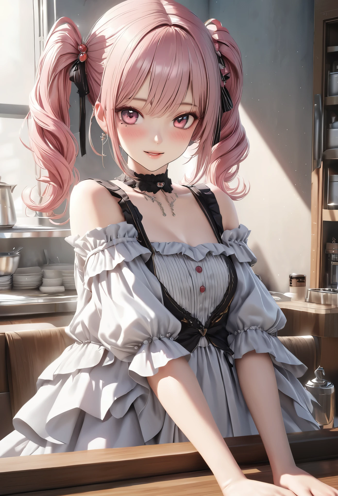 highest quality, highest quality, Super detailed, High resolution, High resolution, HDR, 4k, 8K, unity 8k wallpaper, Detailed CG, masterpiece, realistic, photorealistic, 2D, 3D, beautiful details, depth, fine texture , super fine: 1.3, Fully focused, Crispy.skin, .he,
Very cute anime girl with pigtails hair in a pink bun dressed like a doll, smile,one girl,he女の名前はミラです, alone, pink hair,, mole under the eyes, looking at the viewer, dress, cafeteria、heと待ち合わせ、blush, 白いdress, mole, parted lips, hair ornaments, heart, pink eyes, choker