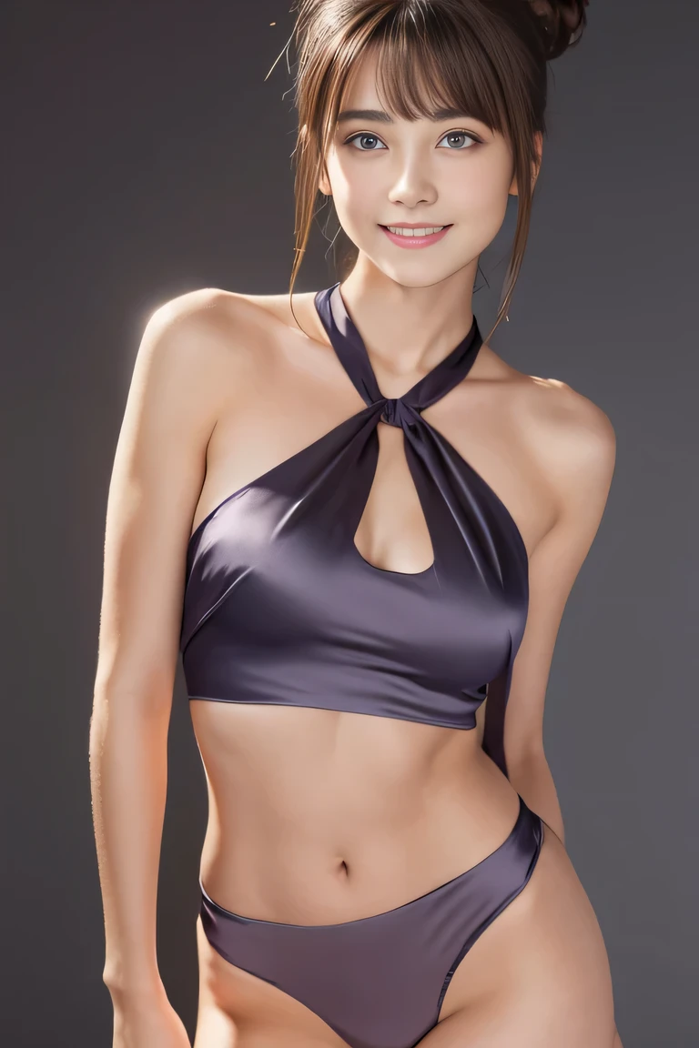 Tight silk top:1.2, looking at the audience, Cinema lighting, perfect, soft light, High resolution skin:1.2, Realistic skin texture, 18 years old、a small face、No makeup，Off the shoulders，Bust C cup、blue eyes, bun, dark brown hair、Completely naked、gray background、Photo from thighs up、　The abdomen is visible、cute smile,　cute pantie, ribbon onthe neck, standing,