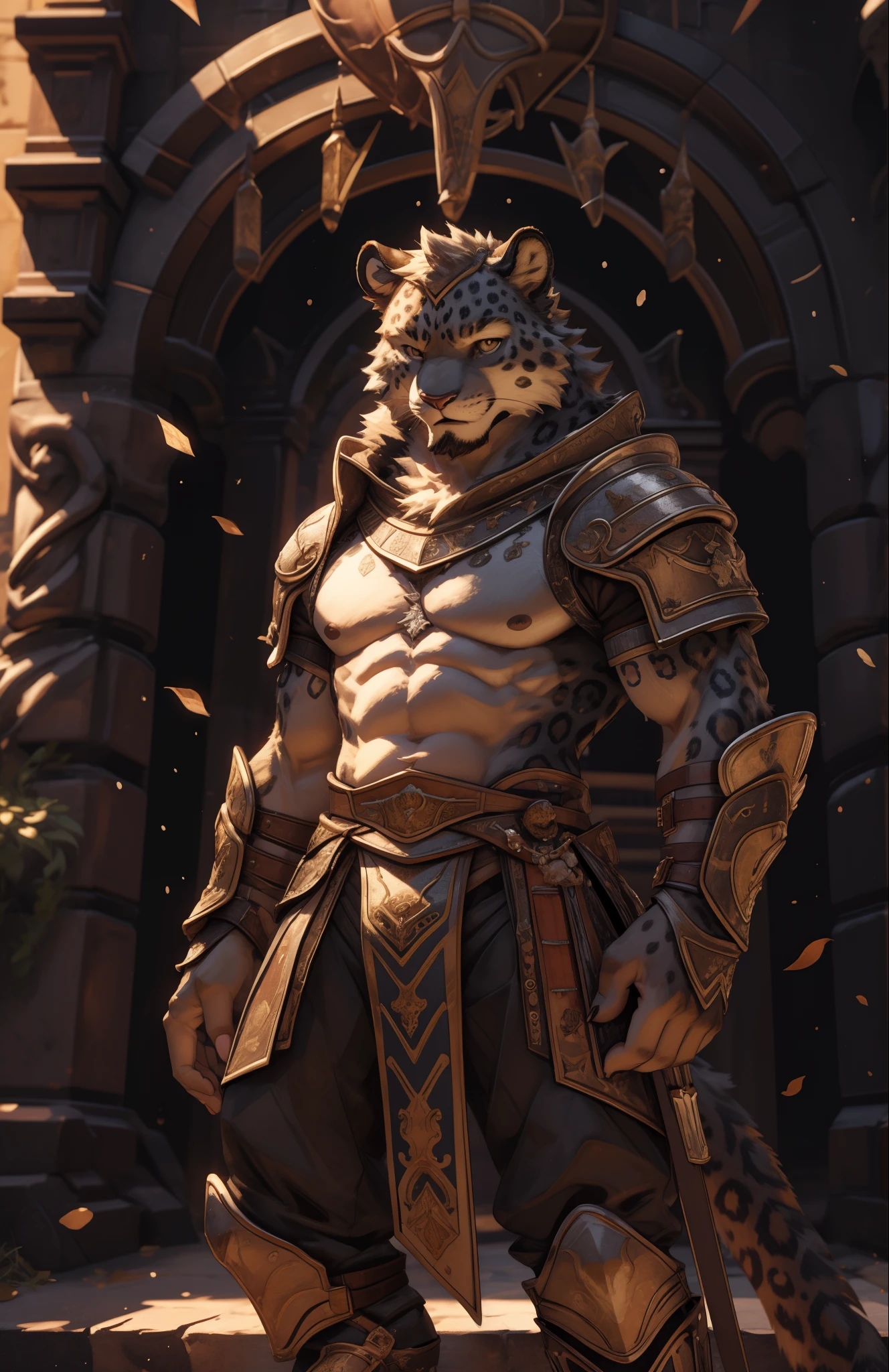 A Leopard in a roman costume standing in front of a building, male warrior, muscular, gladiator armor, SFW, Sexybody, anthropomorphic, extra detailed body, detailed body, Best quality, masterpiece, ultra high res,detailed background,realistic, real shadow and light,depth of field, (View from beside ), details skin, fluffy, confident face, bad boy, sweaty, bulge, Leopard.