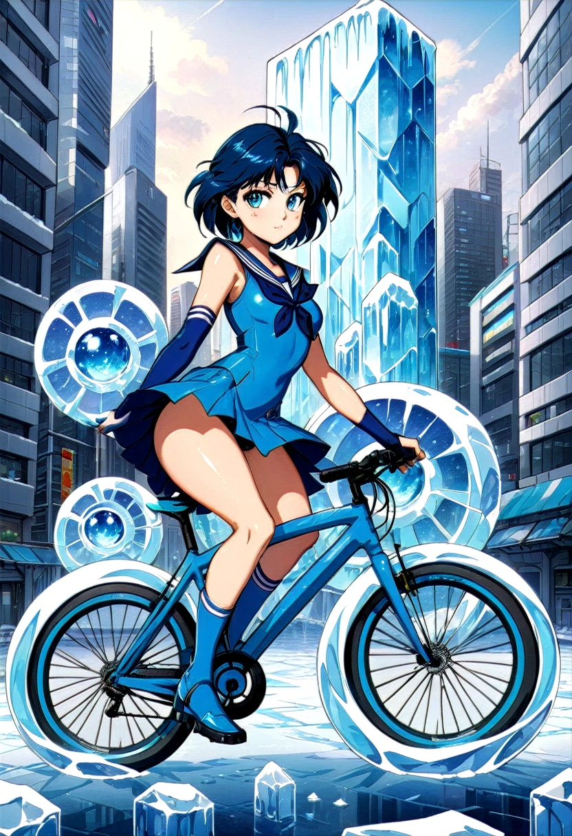 Sailor Mercury rides a bicycle, A complex ice structure in a futuristic city