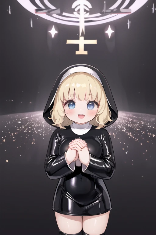1 girl,Princess, (bright blonde hair), light blue eyes, short bob , shiny hair, wavy hair, The whole face turns red,:d,heart-shaped eyes,baby face ,Sparkling in the eye, Sparkling,adorable,Angelic,Idol (((item: star), Shadow:1.5 masterpieces, hands of prayer, interlaced fingers, Put your own hands together, 1 girl, huge breasts, smile, sakurako, Black latex costume, black latex nun hood, black latex thigh high socks, halo cathedral background