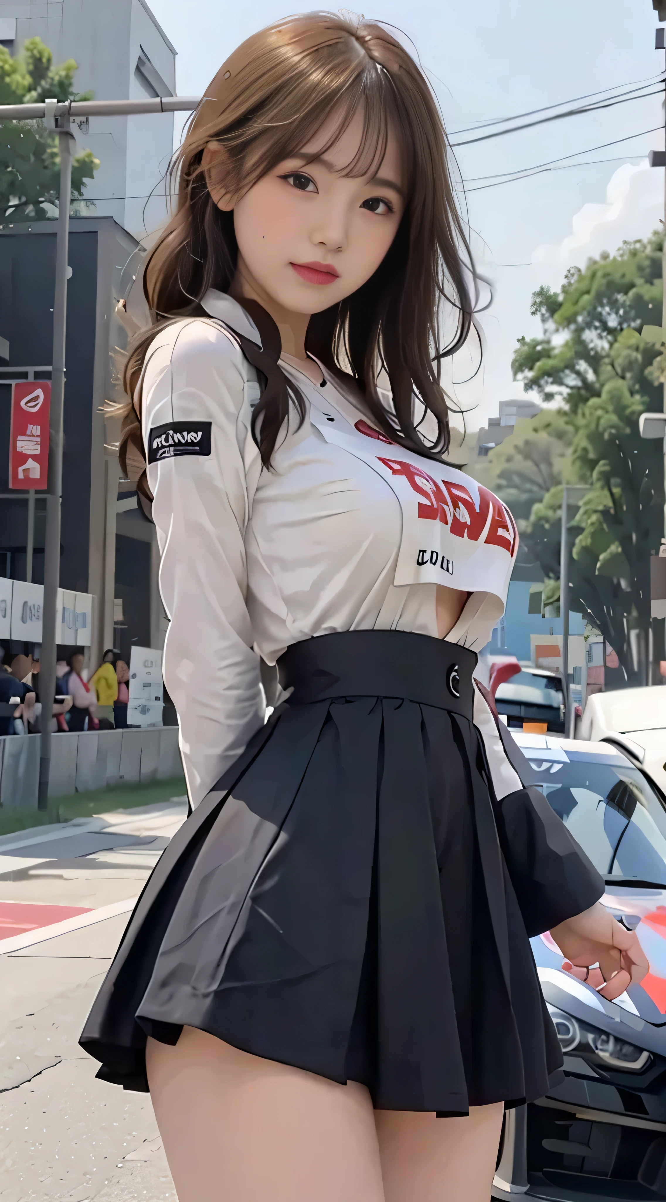 Very detailed Unity 8K CG wallpapers, bestquality, ultra-detail, Masute Piece, Realistic, การถ่ายภาพRealistic, Very detailed cute girl., 25 years old, (Wear a girl&#39;s outfit with a sponsor&#39;s logo printed on it.:1.3), (short skirt ) , (Standing in motorsport competition), , ((show panties:1.3)), (cleavage), smile , Ass shot ,