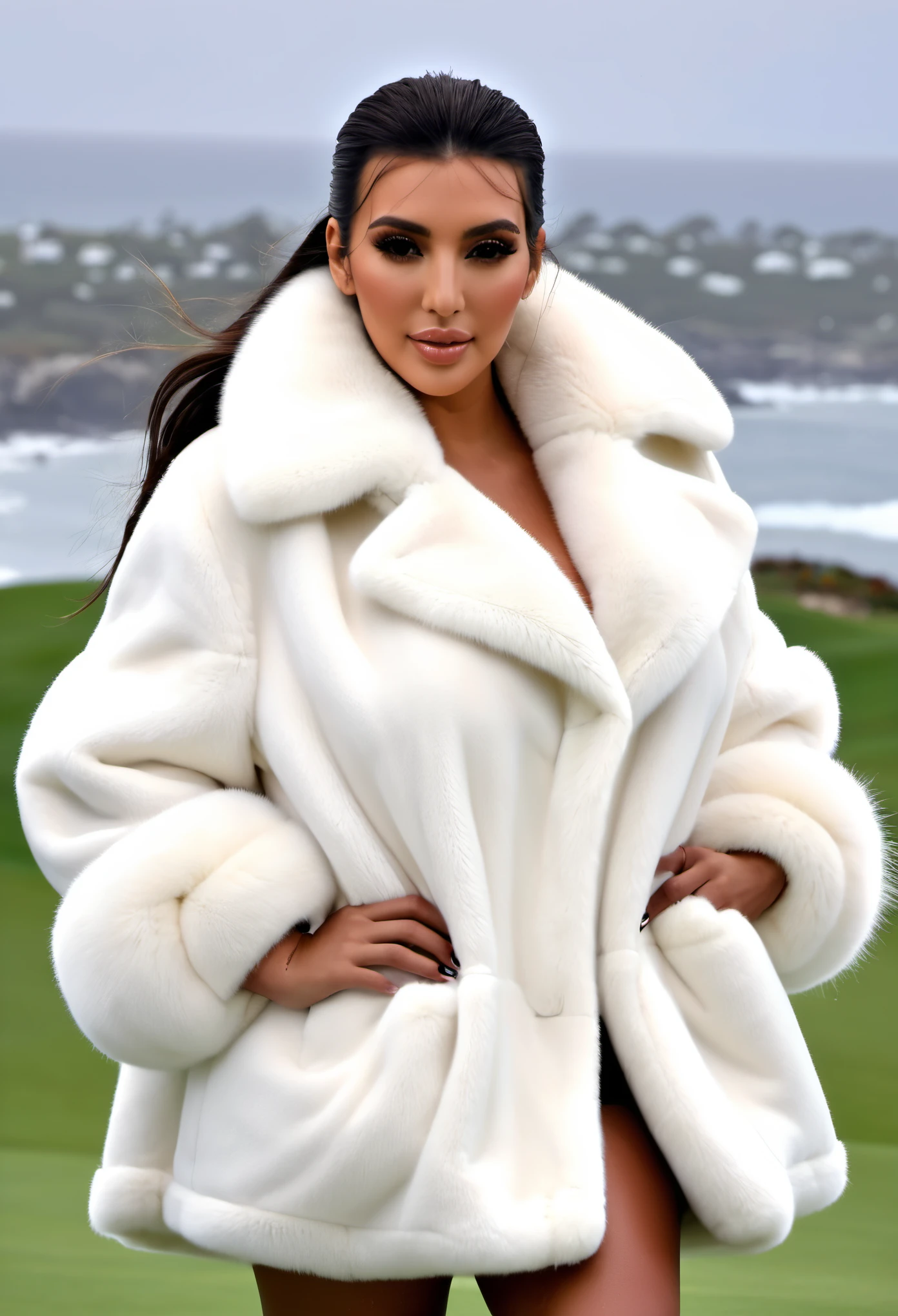 A very wide and very thick, manteau de fourrure en vison blanc, fifty centimeters thick, duveteux, naturel, with an ultra thick white mink fur collar, three layers, sur Kim Kardashian , bare shoulders, and two large breast covered by the fur, at Pebble Beach golf