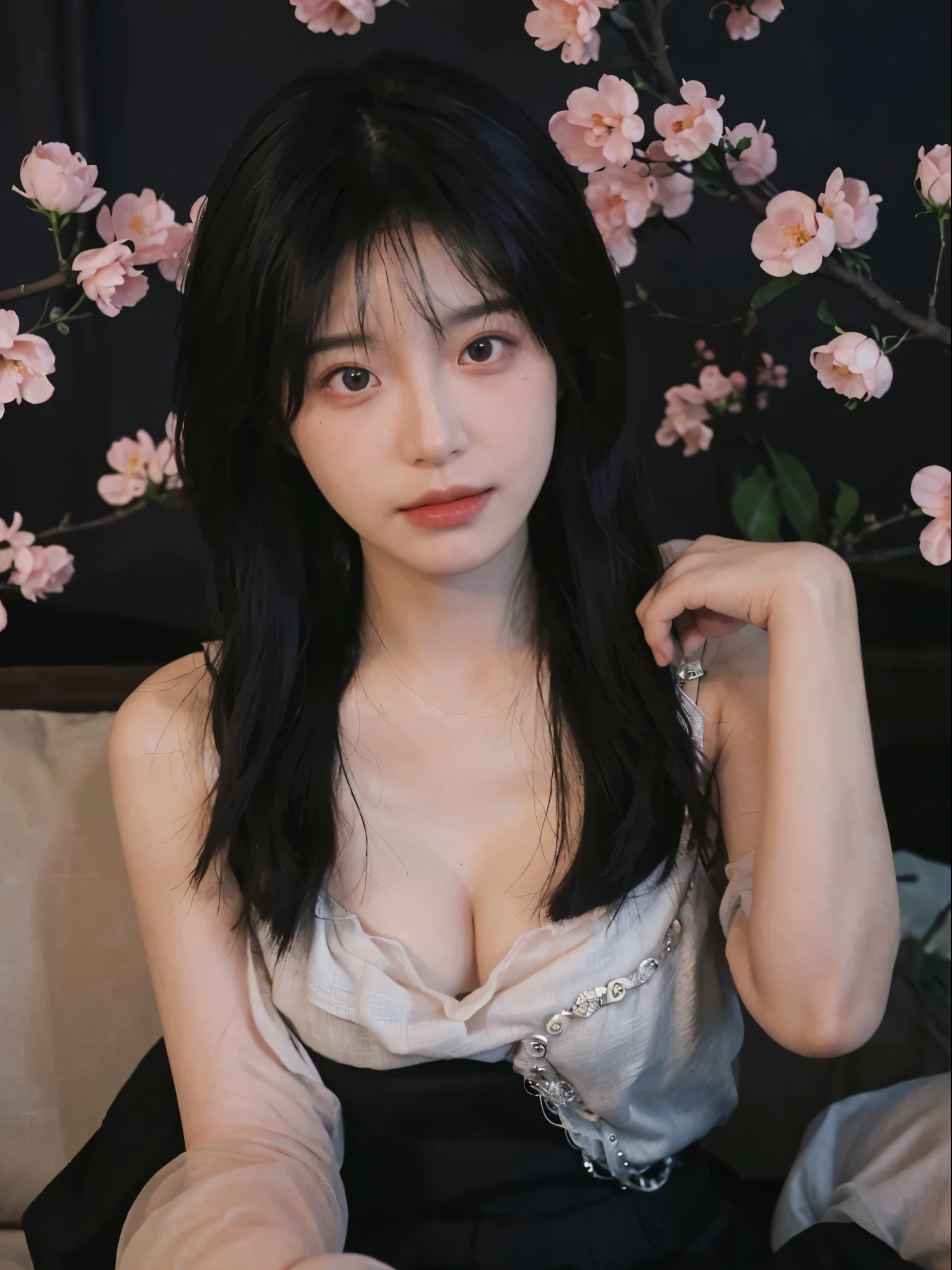 best quality, ultra high resolution, (realistically:1.4), a girl, A pair of clear and charming peach blossom eyes,Royal sister,black long straight,tight skirt, (Big cleavage:1.2), looking at the audience, Close-up cleavage ,