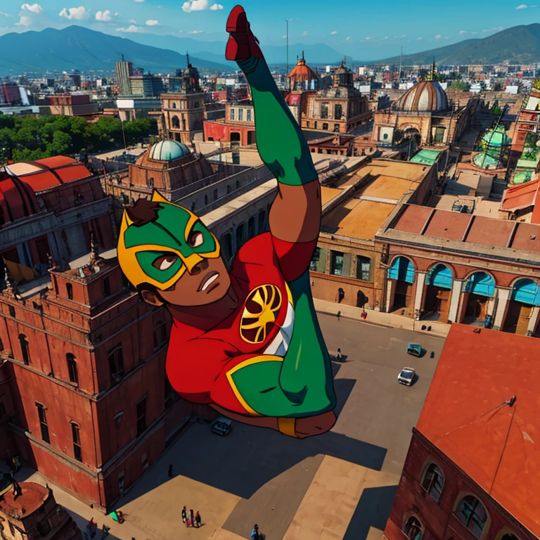 Teenage superhero, luchador mask, brown skin, acrobatic pose, background is Mexico City.