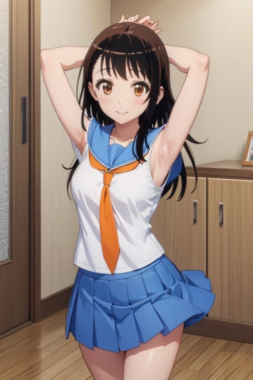(Highly detailed CG Unity 8K wallpaper), (masterpiece), (highest quality), (Super detailed), (best illustrations), (best shadow), (disorganized), 1 girl, alone, Kosaki watcher, , serafuku, orange tie, Light blue skirt, Put your own hands together, looking at the viewer, smile, open clothes, presenting armpit, armpit, raise your arms