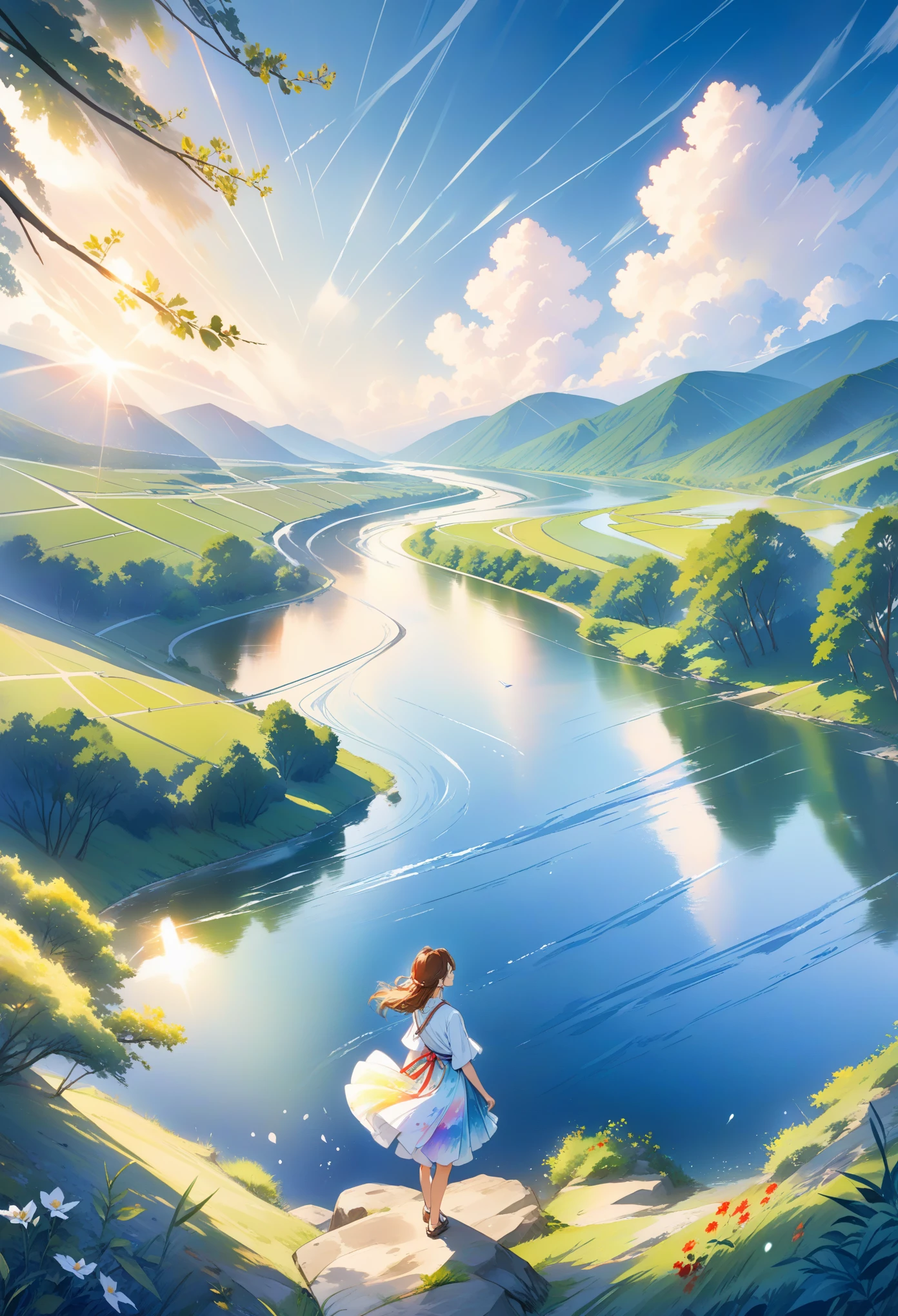 (watercolor style, The art of spectroscopy) + The majestic river overlooks the panorama + Back of garment (vista) + (flow + subtle reflection) + (mix + splash) + (The light and shadow are clear + rocking dynamics)