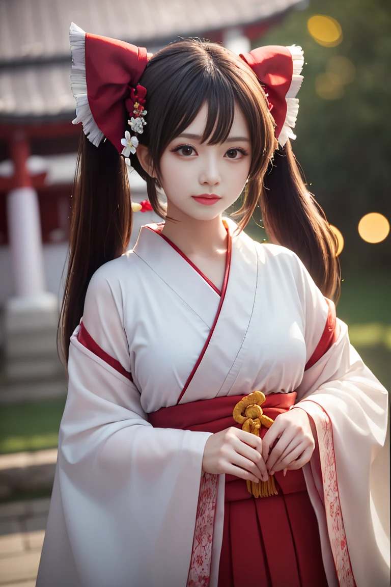 ((2 girls)), ((highest quality)), (Super detailed), (very detailed CG 統合 8k 壁紙), very detailed, High resolution raw color photos, professional photography, (twin tails), brown hair, wonderful face and eyes, pink eyes, (amazingly beautiful girl), (shrine maiden), (Japanese style shrine maiden costume, white haori, Red too:1.2), (((Bokeh))), Depth of the bounds written,