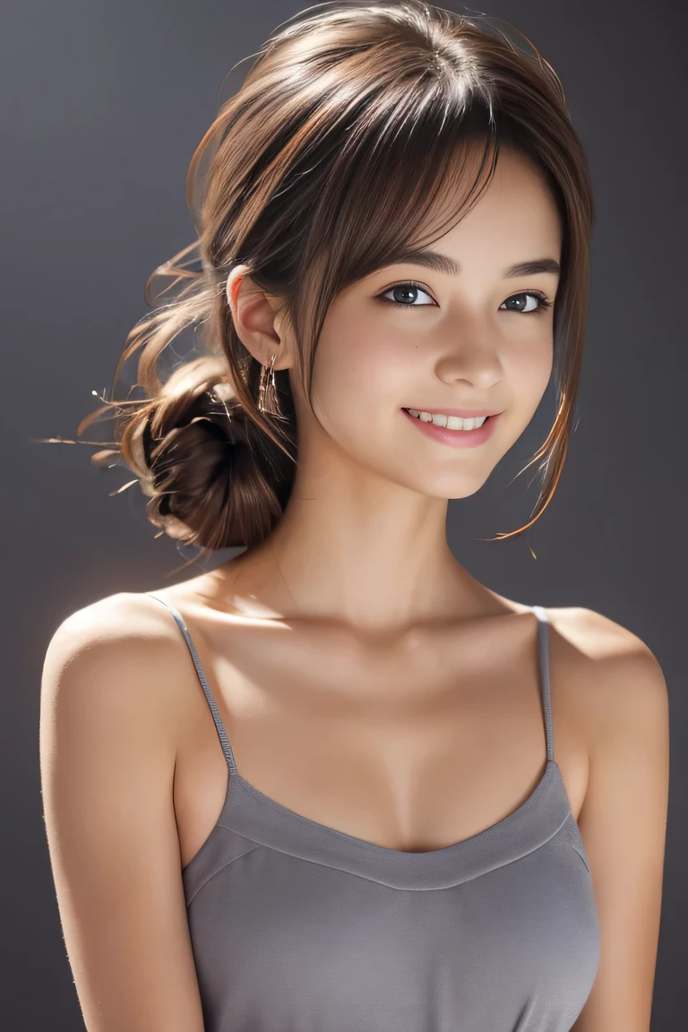 Tight gold top:1.2, looking at the audience, Cinema lighting, perfect, soft light, High resolution skin:1.2, Realistic skin texture, 18 years old、a small face、No makeup，Off the shoulders，Bust C cup、blue eyes, bun, dark brown hair、Completely naked、gray background、Photo from thighs up、　The abdomen is visible、cute smile,　cute pantie, ribbon onthe neck, standing,