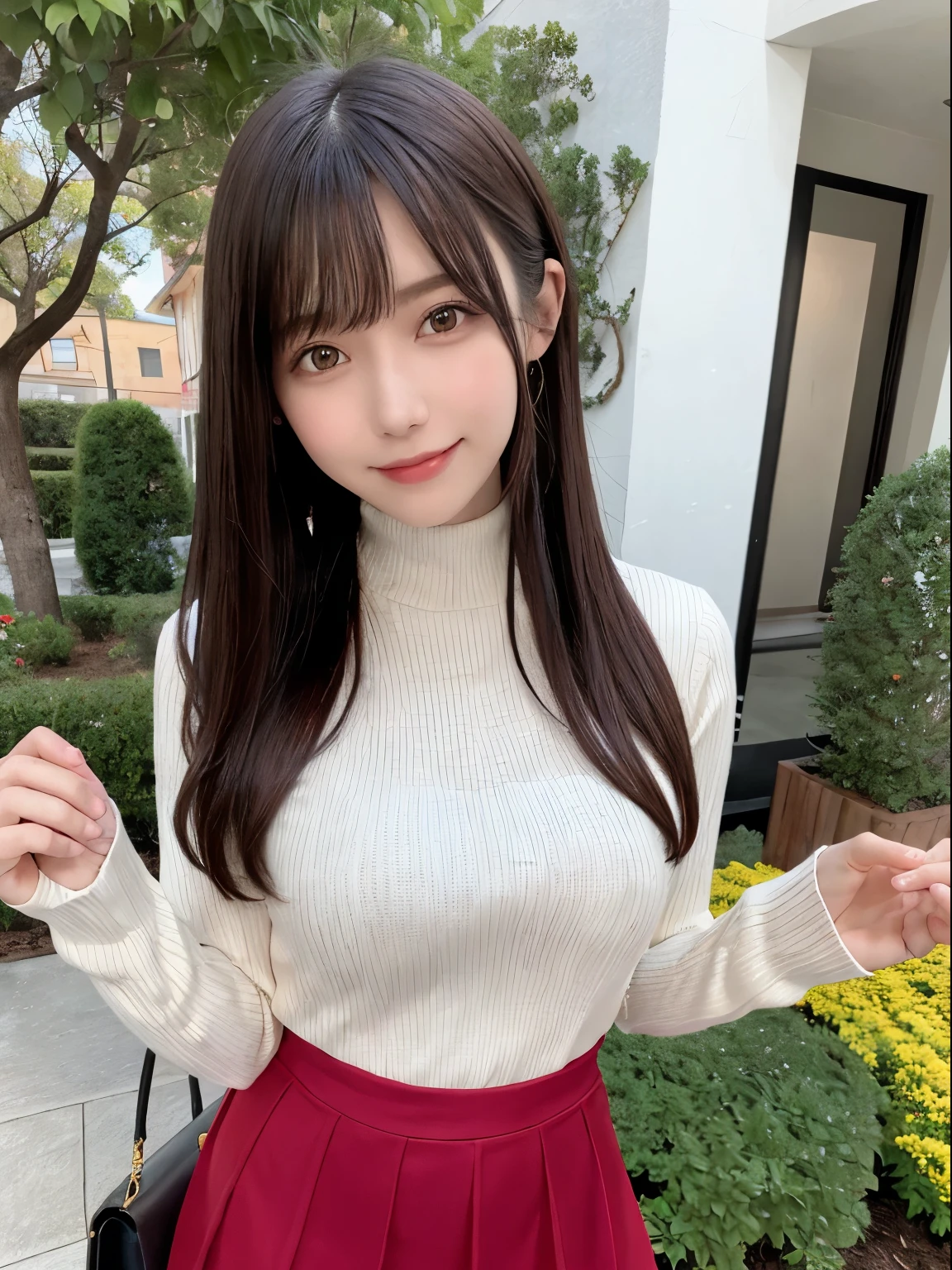 highest quality、All limbs、full finger、Slender beauty、straight hair、brown hair、((Black high neck long sleeve knit top))、((Red Mini Flared Skirt))、brown pantyhose、beautiful big breasts、big smile、garden、Have fun、get up