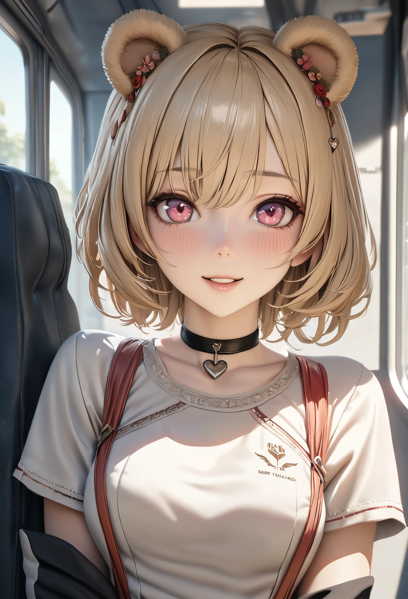 highest quality, highest quality, Super detailed, high resolution, High resolution, HDR, 4k, 8K, unity 8K wallpaper, Detailed CG, masterpiece, realistic, photorealistic, 2D, 3D, beautiful details, depth, fine texture , super fine: 1.3, Fully focused, Crispy.skin, .he, A very cute anime girl with blonde short hair in a stewardess outfit, he女の名前はクレアです,smile, one girl, alone, blonde short hair, animal ears, a mole under her eyes, looking at the viewer,casual outfit ,whole body、 blush, mole, bear ears, parted lips, hair ornaments, heart , pink eyes, choker