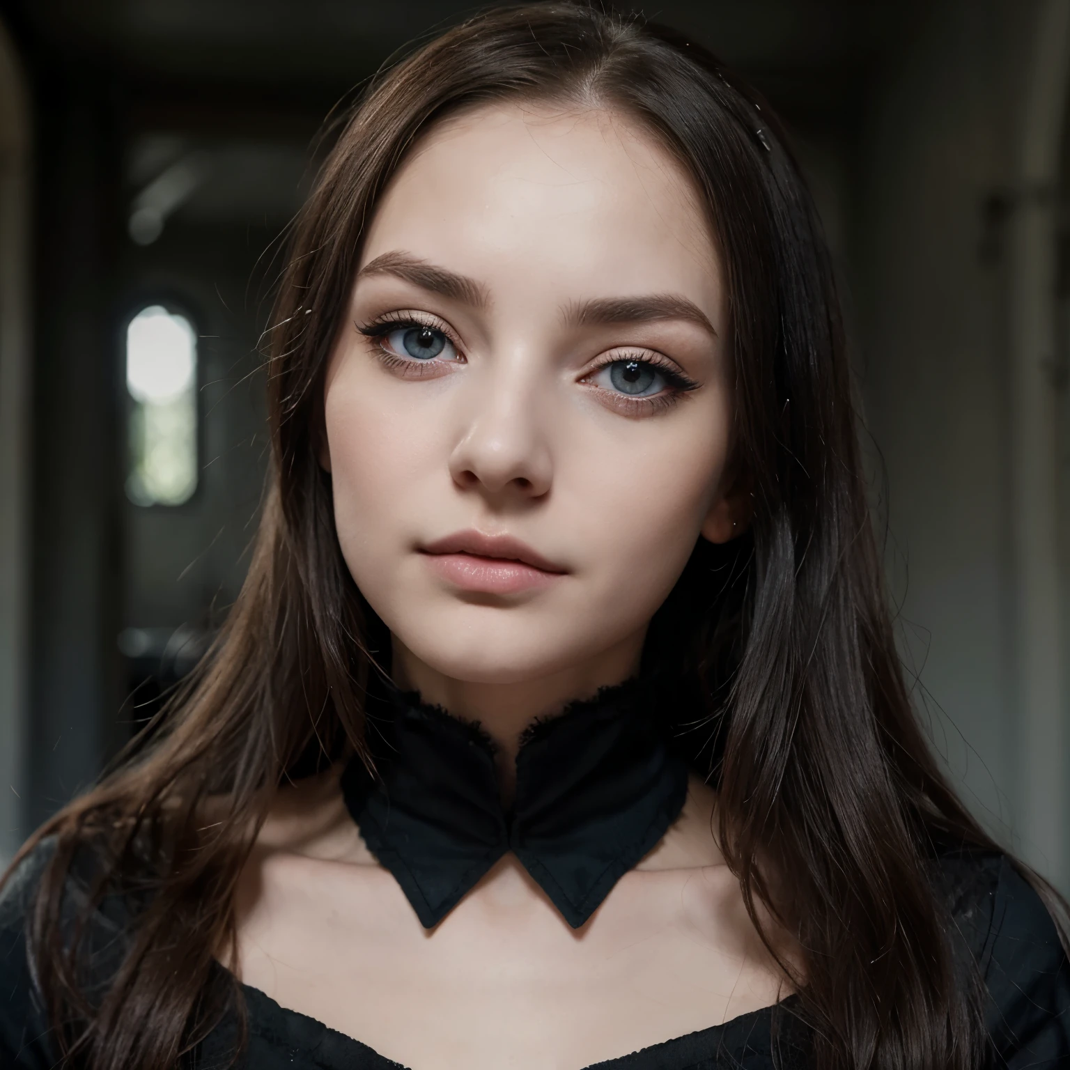 Young Gorgeous Girl, is very thin and super pale, volle Lippen, sweet little nose, blau grau berausstechende augen, full but natural eyelashes, schwarze bis zur Brust gehende lockige haare. Meet Slytherin