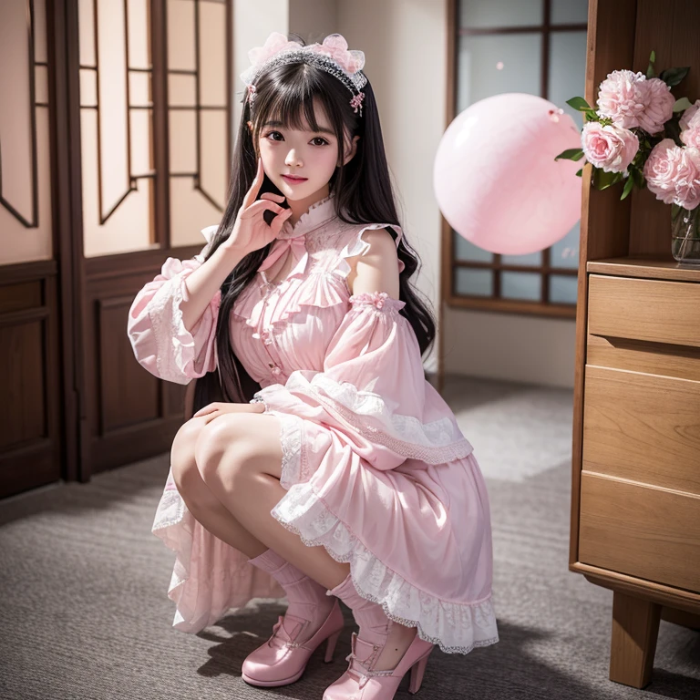 best quality, masterpiece, lifelike, 1 girl, alone, eternal, black hair, Long curly hair, blunt bangs, Smile, pink skirt, pink lolita dress, layered skirt, Lolita style long skirt,分層連衣裙 lace-trimmed 裙子, decorate, lace, long sleeve, puff sleeves, wide sleeves, Transparent sleeves, hair accessories, 在flower园里, flower, Detailed background, delicate face,pink blush,white,knee socks, Pink shoes,cold,Lots of lace,((masterpiece))、(top quality)、8K、high detail、super detailed、 21 years old female,穿着pink lolita dress((dreamy atmosphere:1.1))、Seductive and whimsical style、masterpiece、born、Scenes resembling fairy tale illustrations、Intricate details showcase the ruffles and intricate designs of the Lolita dress、beautifully、magic、capricious、 beautifully、Dream aesthetics、「𝓡𝓸𝓶𝓪𝓷𝓽𝓲𝓬、ethereal、charming、fickle、magic」、realism、Visual effects、FXAA、SSAO、shader、voiceless、environmental lighting、Tone mapping、High resolution、ultra high definition、megapixel、(8K resolution:1.10)、8K、Below 8K、8K resolution、high detail、intricate details、A look of surprise and awe on her face、 (high quality:1.2、masterpiece:1.2、:1.21)、(21 years old female:1.21)、(興奮地Smile)、(Surrounded by the dreamy atmosphere of an amusement par色洛丽塔连衣裙、Her eyes were full of surprise and joy、I took a lot of geek photos、、High heel、Model diagram,full-body shot,Knee-high white lace socks,Sweet Lolita,Normal 2 feet,Pink shoes,Baotou shoes,full-body shot,baby star dress,headgear,Don't show your fingers,cold
