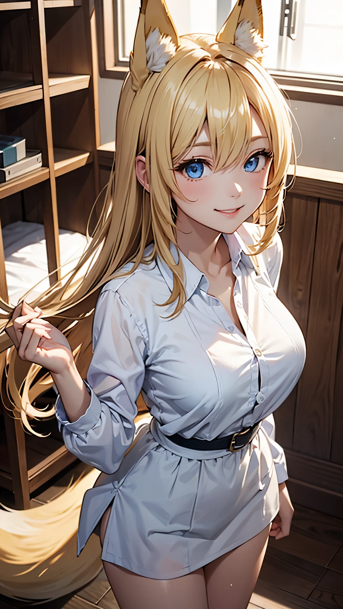 masterpiece、highest quality、８K、1 female、from thighs to head、25 years old、((blonde))、（straight hair）,beautiful hair、With bangs、((fox ears))、smile、blue eyes、close one eye、（slightly larger breasts）,（(white blouse)）、（living）、aerial perspective、Are standing、look back、Light、Light、Light、Light、Light、