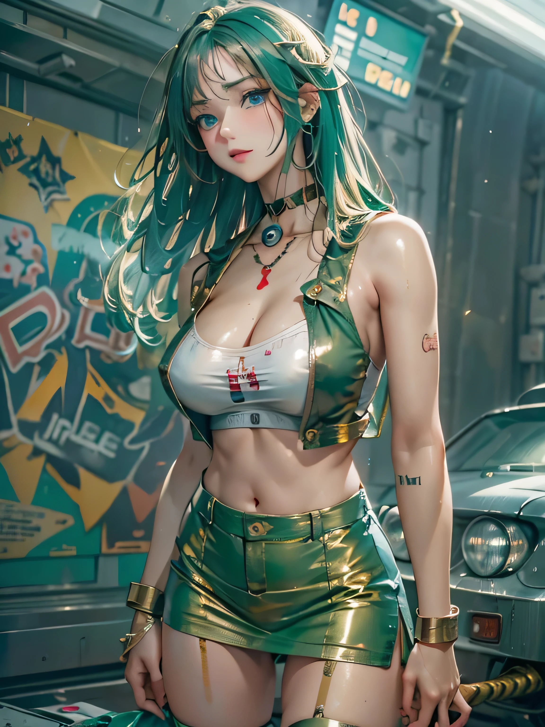 (photorealistic:1.8, highest quality:1.8,8K masterpiece:1.8,High resolution,muste piece:1.8,RAW Photos,cinematic lighting),No split screen, cyber punk、Highway at night、rain-soaked ground、
(1 android girl:1.3)、Completely naked、Full body tattoo、choker、beautiful breasts、T-shirt、denim mini skirt、beautiful butt、beautiful thighs,plump nipples、Nipples are visible through the costume,cameltoe,Body painting with a pop design drawn all over the body、pop art design、cutting edge fashion、conceptual art、
Provocative sexy poses、look back、Spread your legs apart、spread your legs wide、
(Beautiful shining green, gold, blue, white, and vermilion hair:1.5)、shining blue eyes、Stoic