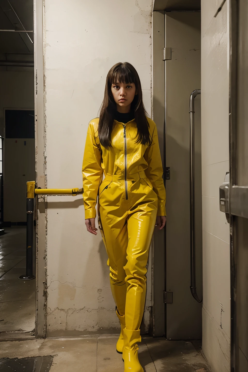 
a prisoner girl in jail with her hands handcuffed wearing a zipped yellow prison jumpsuit and black Hunter rubber boots, standing fullbody veiw