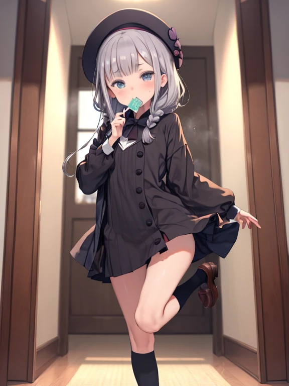 masterpiece, highest quality, Medium wide shot、cowboy shot、NSFW、1people、solo、Full body Esbian、mature woman、laughter、embarrassing、blush、gray hair、twin curls、beret、Huge 、(naked)、(((stand on one leg)))、((Raise your legs and spread them wide))、((black knee socks))、((brown loafers))、stare at the camera、((Sweat )) 、((vapor))、((love juice))、((condom in mouth))、((dill))、Wooden corridor、