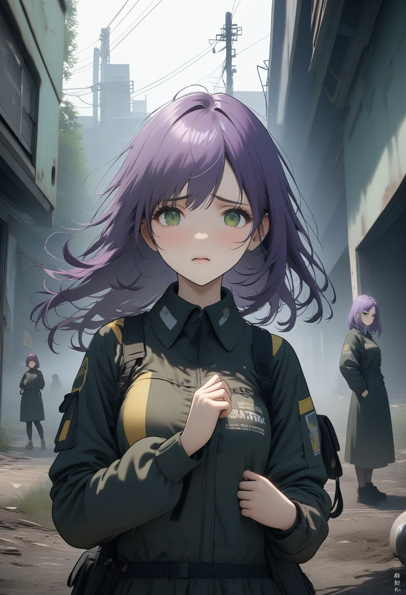 Girls in the group, Chernobyl Exclusion Zone, s.t.A.I.k.and.right, purple hair, green eyes, There is a scar above the left eyebrow, unarmed, She has five fingers on her left hand, 她right手上有五个手指, sad.