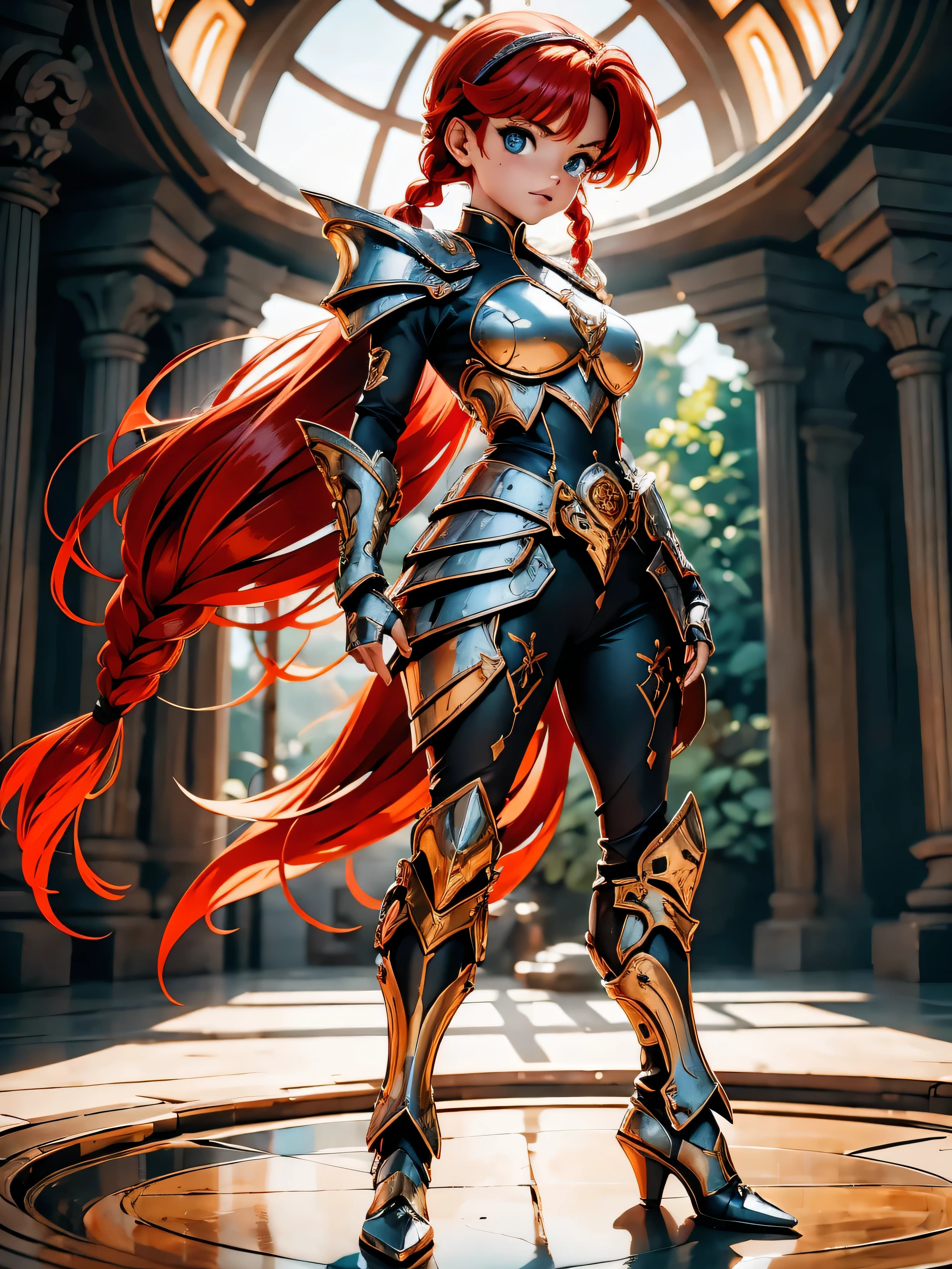 Garota anime ruiva guerreira, com ears fox, com armadura red,  red armored, 15 anos, corpo bonito, seios grandes, postura de combate, segurando espada, Garota sexy, red hair with braid, mechas de cabelo laterais, mechas de cabelo na lateral do rosto, beautiful lighting, sombras suaves, olhos azuis, pernas bonitas, short hair with braid, estilo anime, Ranma Chan, Autora Rumiko Takahashi, Baseado em obra de Rumiko Takahashi, Anime Ranma 1/ 2, guerreira sexy, quadril robusto, corpo inteiro, corpo inteiro, busto grande, garota jovem com orelhas de raposa, corpo belo e bonito, boots on feet, garota 15 anos jovem baixa estatura, usando armadura gotica, garota anime, estilo anime, feet with black boots, front view angle, ao ar livre, red hair braid, ears fox, postura ereta, corpo em postura reta, olhos grandes, armadura vermelha